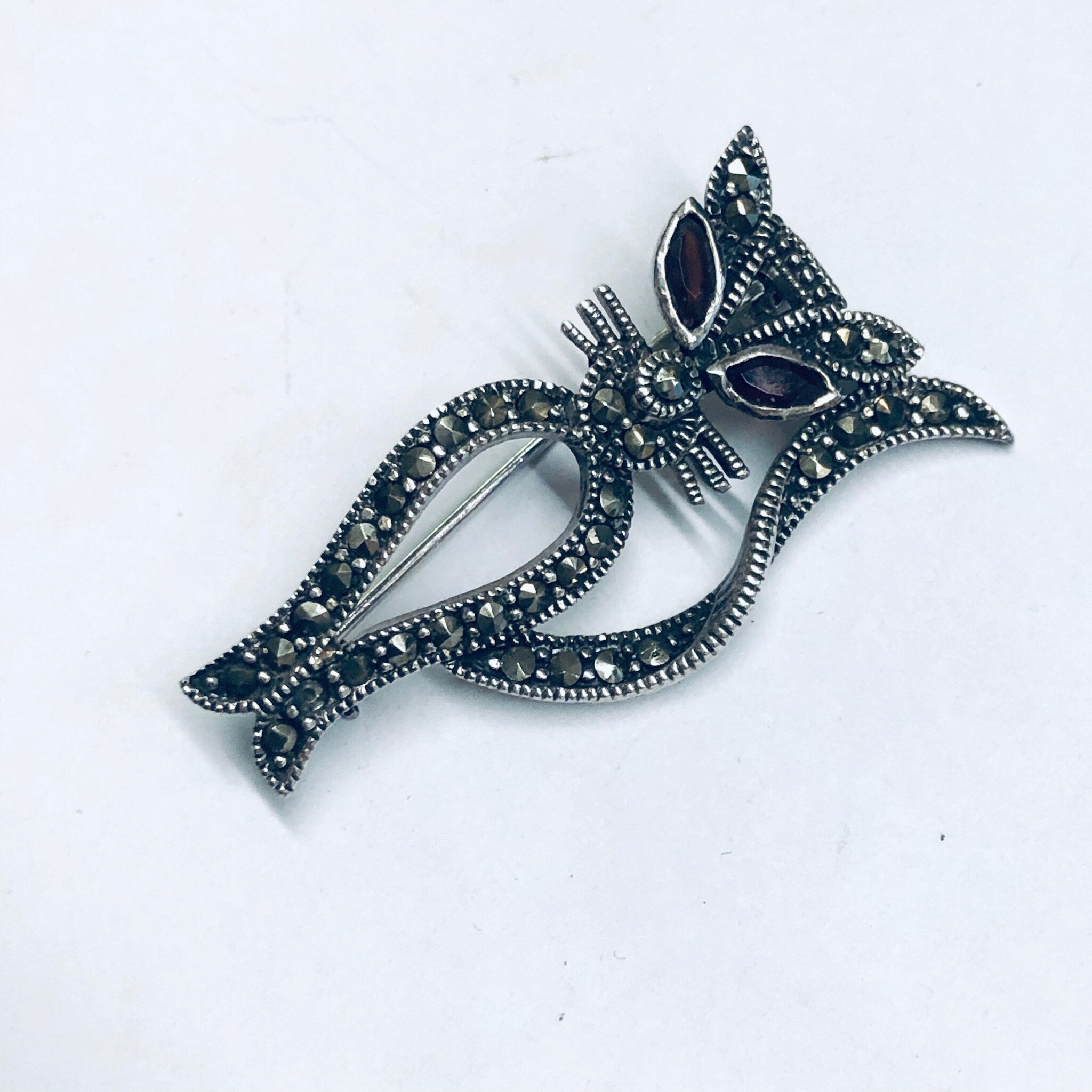 Marcasite Cat Pin, Silver Cat Brooch, Gift for Cat Lover, Kitty Cat Brooch, Silver Pin, Red Eye Cat
