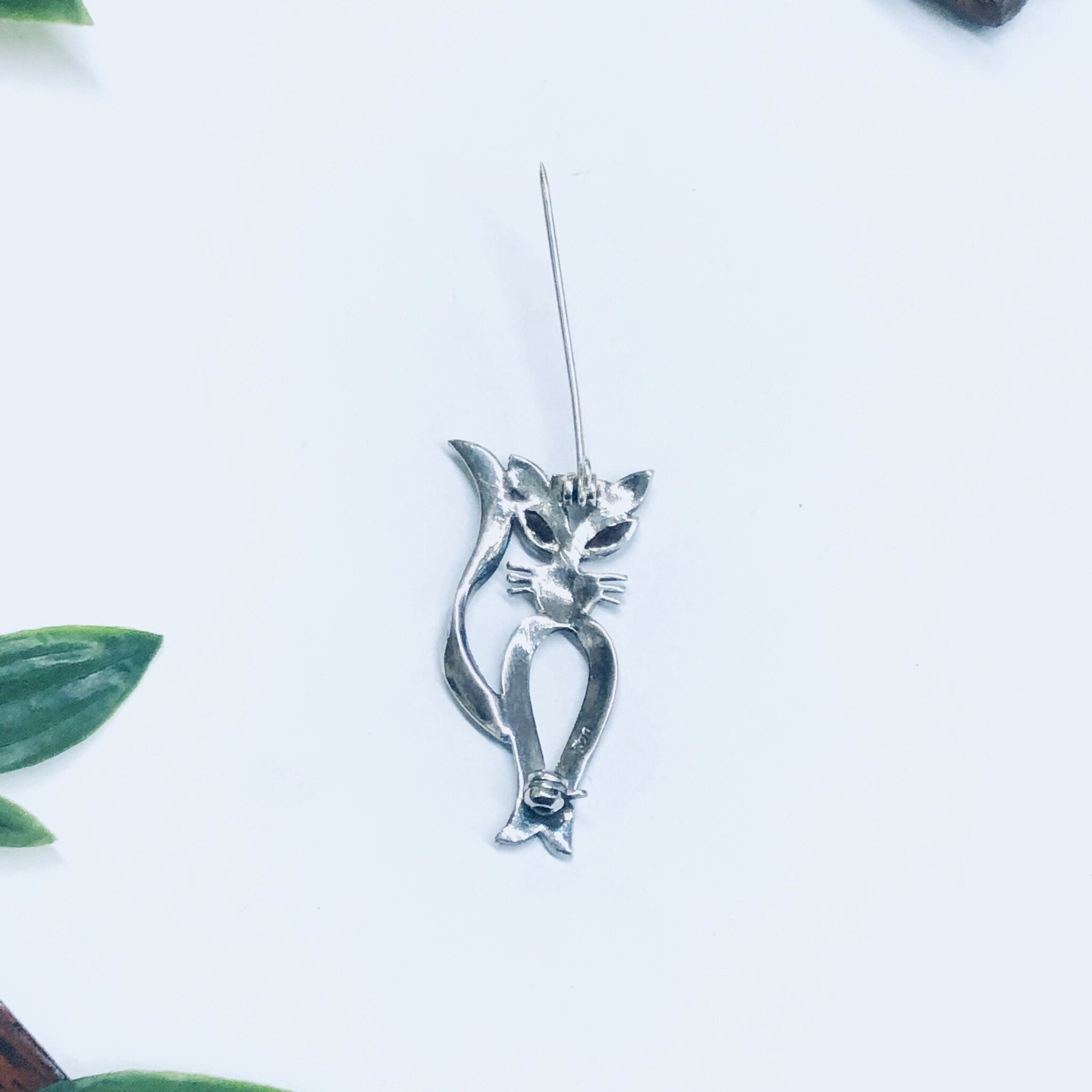 Marcasite Cat Pin, Silver Cat Brooch, Gift for Cat Lover, Kitty Cat Brooch, Silver Pin, Red Eye Cat