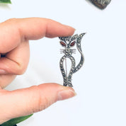 Marcasite Cat Pin, Silver Cat Brooch, Gift for Cat Lover, Kitty Cat Brooch, Silver Pin, Red Eye Cat