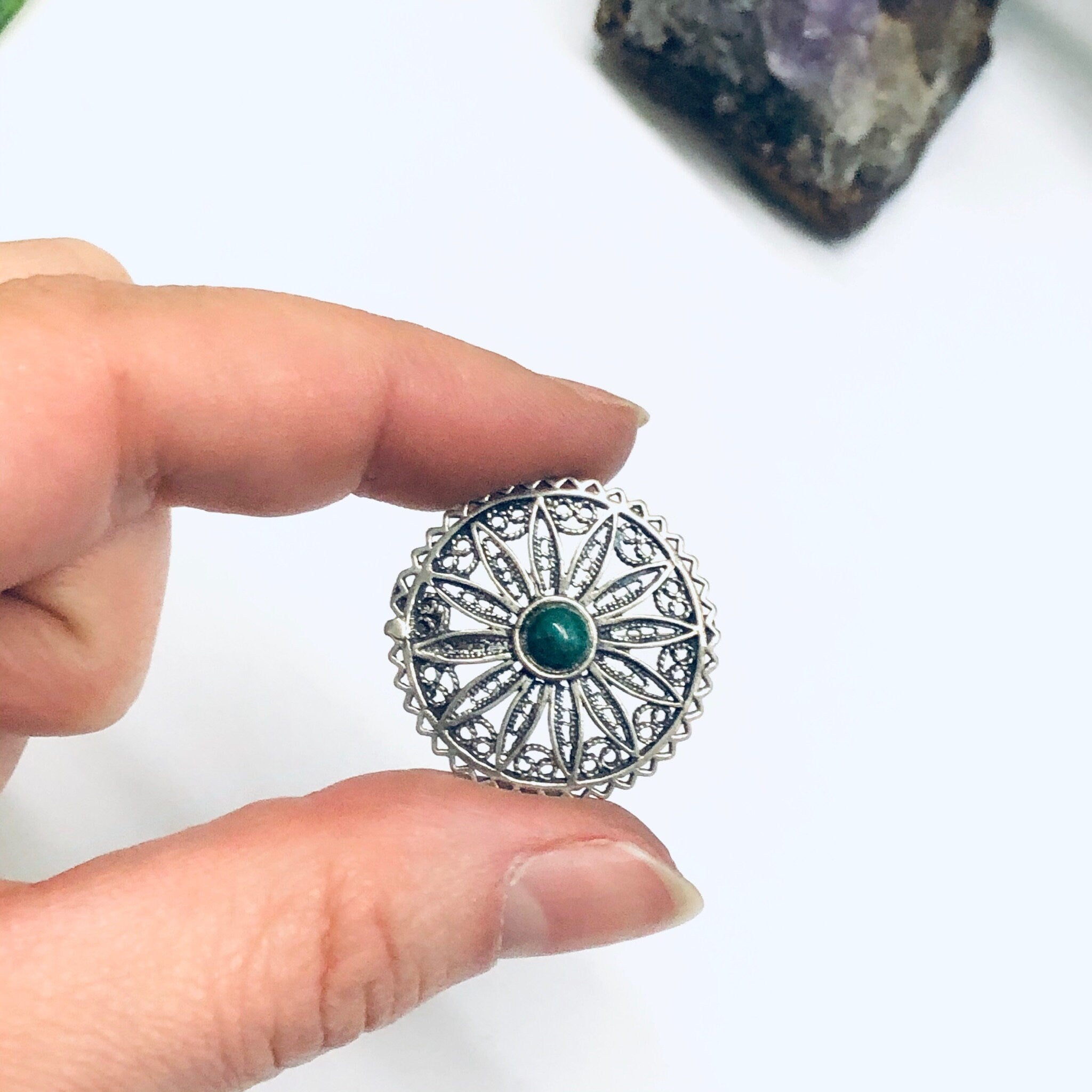 Vintage Round Brooch, Green Stone Brooch, Vintage Silver Jewelry, Cut Out Brooch, Small Round Pin, Vintage Pin