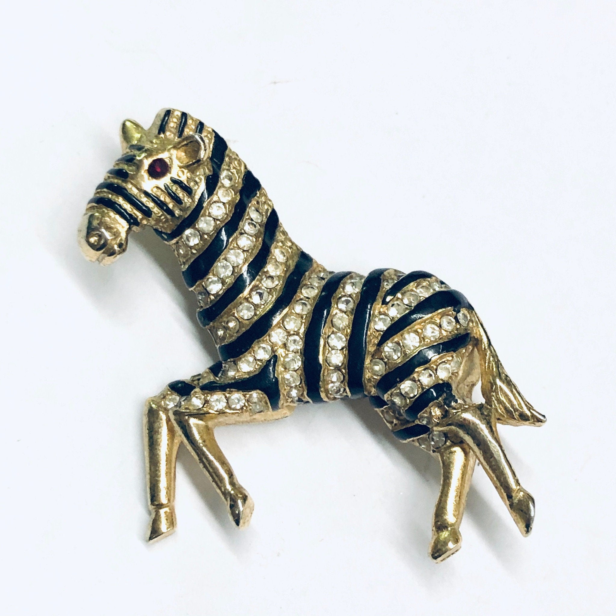 Vintage Zebra Brooch, Rhinestone Zebra Pin, Gold Toned Brooch, Vintage Animal Pin, Animal Jewelry