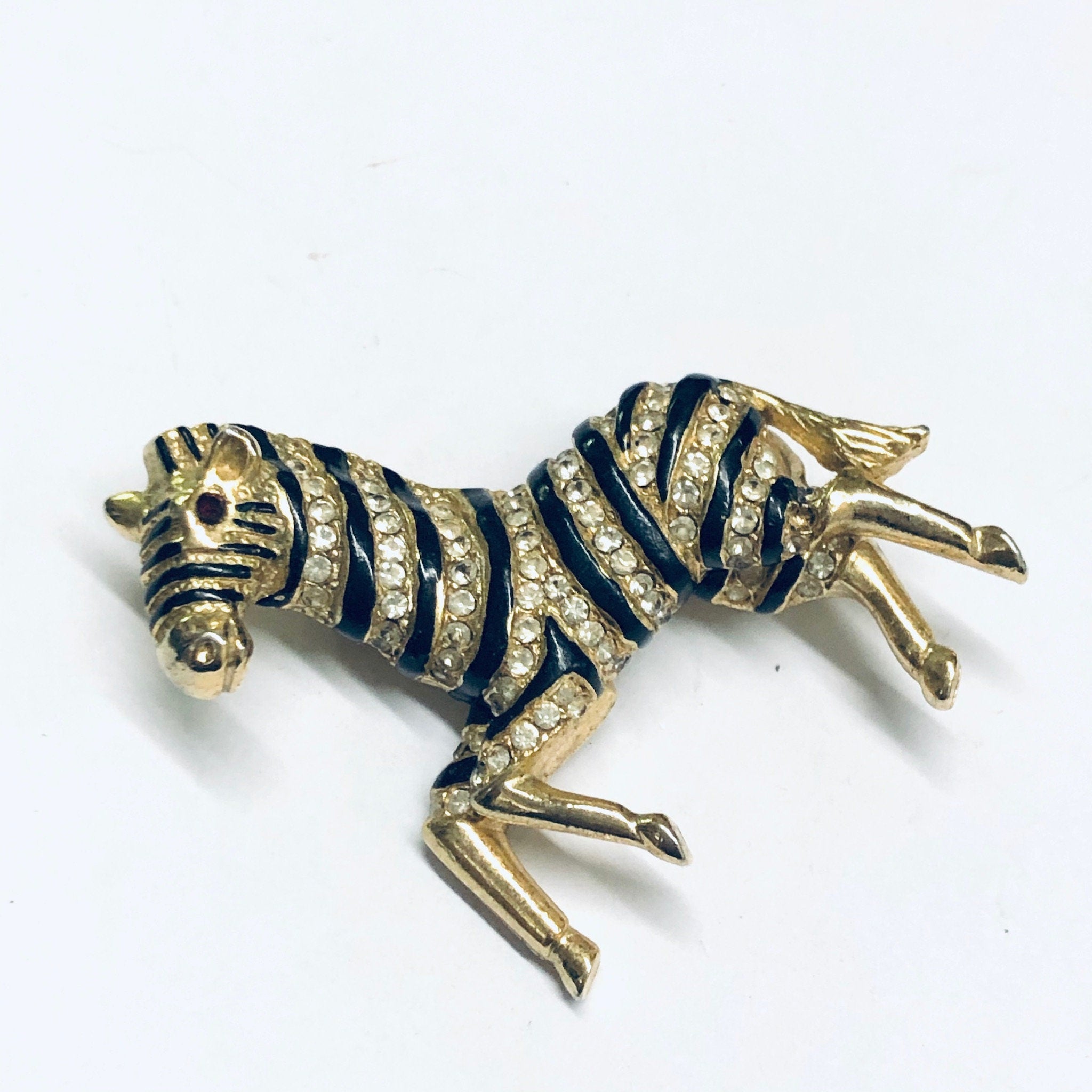 Vintage Zebra Brooch, Rhinestone Zebra Pin, Gold Toned Brooch, Vintage Animal Pin, Animal Jewelry