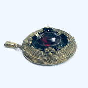 Large Vintage Gold Toned Pendant, Red Stone Pendant, Oval Shaped Pendant, Dark Red Gemstone, Vintage Necklace Pendant