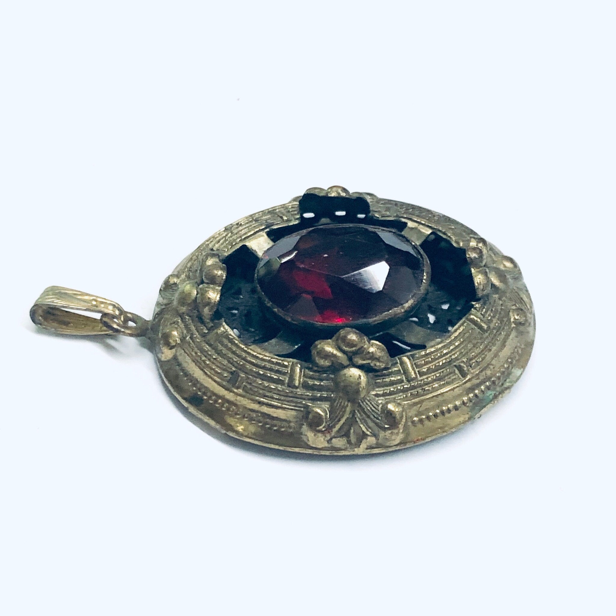 Large Vintage Gold Toned Pendant, Red Stone Pendant, Oval Shaped Pendant, Dark Red Gemstone, Vintage Necklace Pendant