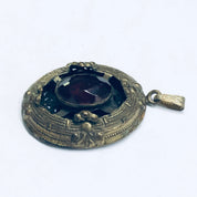 Large Vintage Gold Toned Pendant, Red Stone Pendant, Oval Shaped Pendant, Dark Red Gemstone, Vintage Necklace Pendant