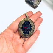 Large Vintage Gold Toned Pendant, Red Stone Pendant, Oval Shaped Pendant, Dark Red Gemstone, Vintage Necklace Pendant