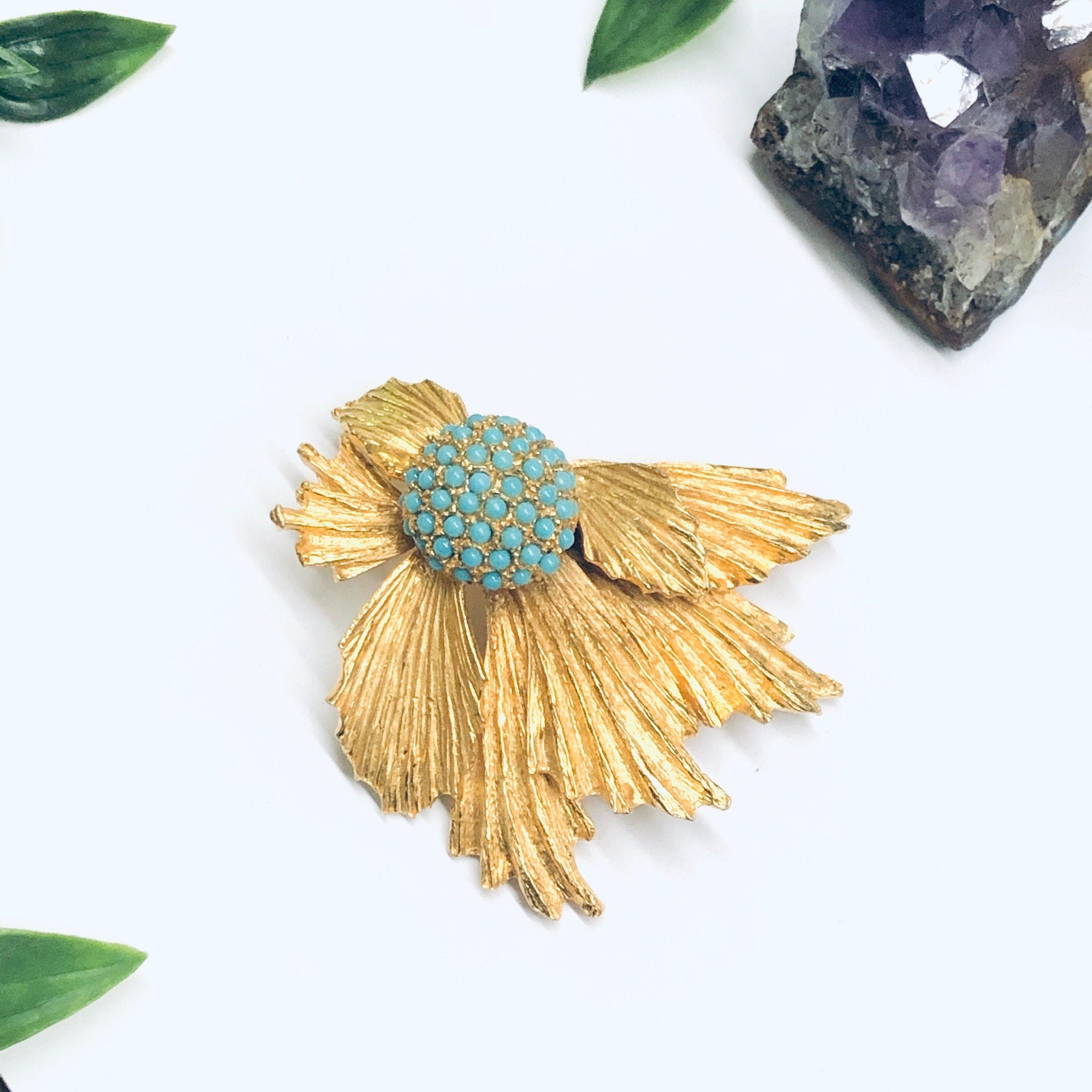 Large Vintage Gold Toned Brooch, Blue Stone Brooch, Vintage Costume Jewelry, Gold Toned Statement Jewelry