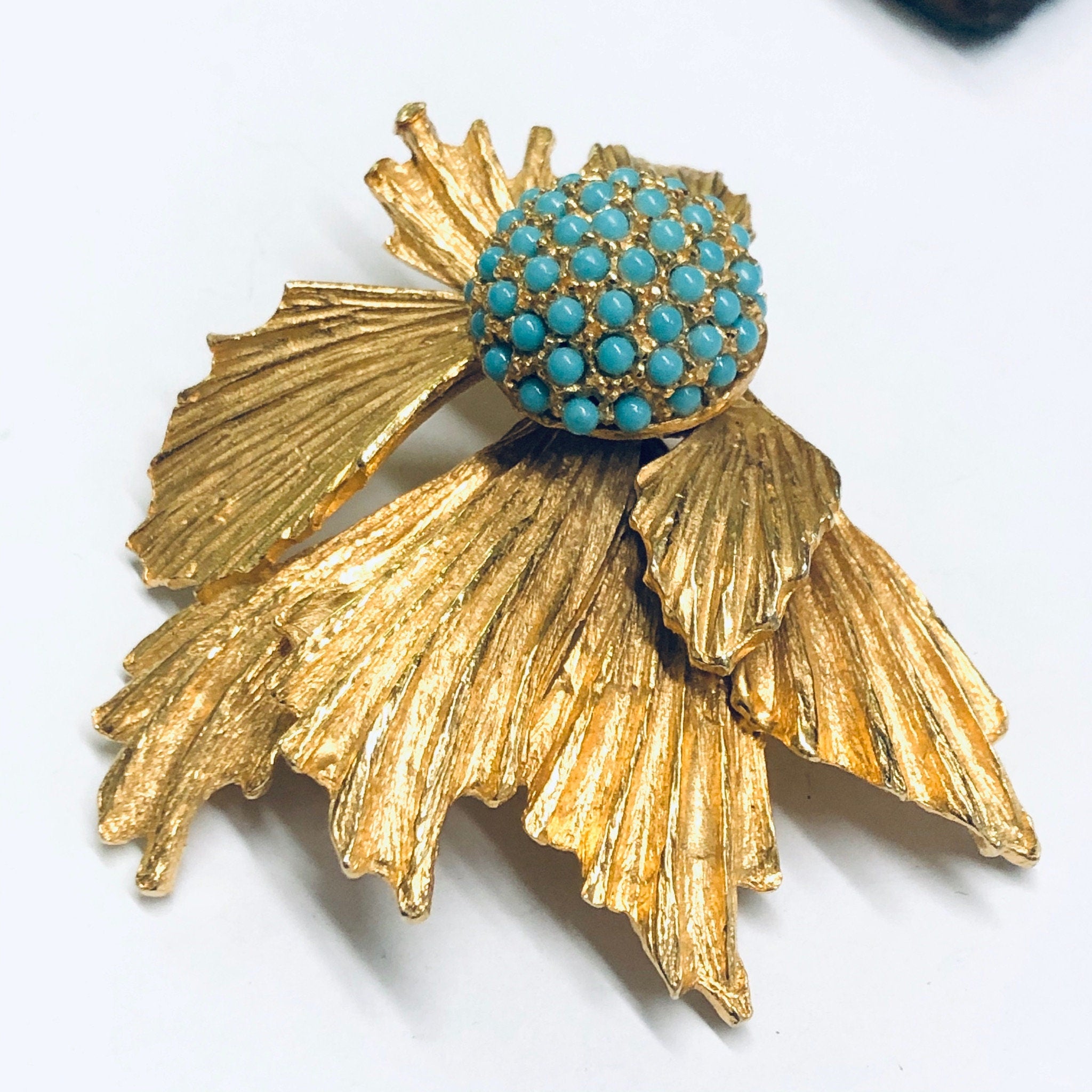 Large Vintage Gold Toned Brooch, Blue Stone Brooch, Vintage Costume Jewelry, Gold Toned Statement Jewelry