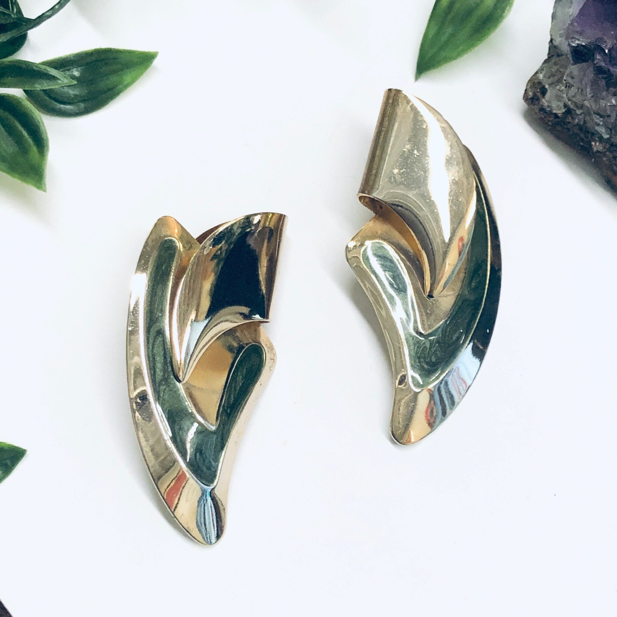 Large Vintage Gold Toned Earrings with Green Accent, Statement Earrings for Pierced Ears, Vintage Retro Earrings, Gold Toned Earrings