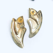 Large Vintage Gold Toned Earrings with Green Accent, Statement Earrings for Pierced Ears, Vintage Retro Earrings, Gold Toned Earrings