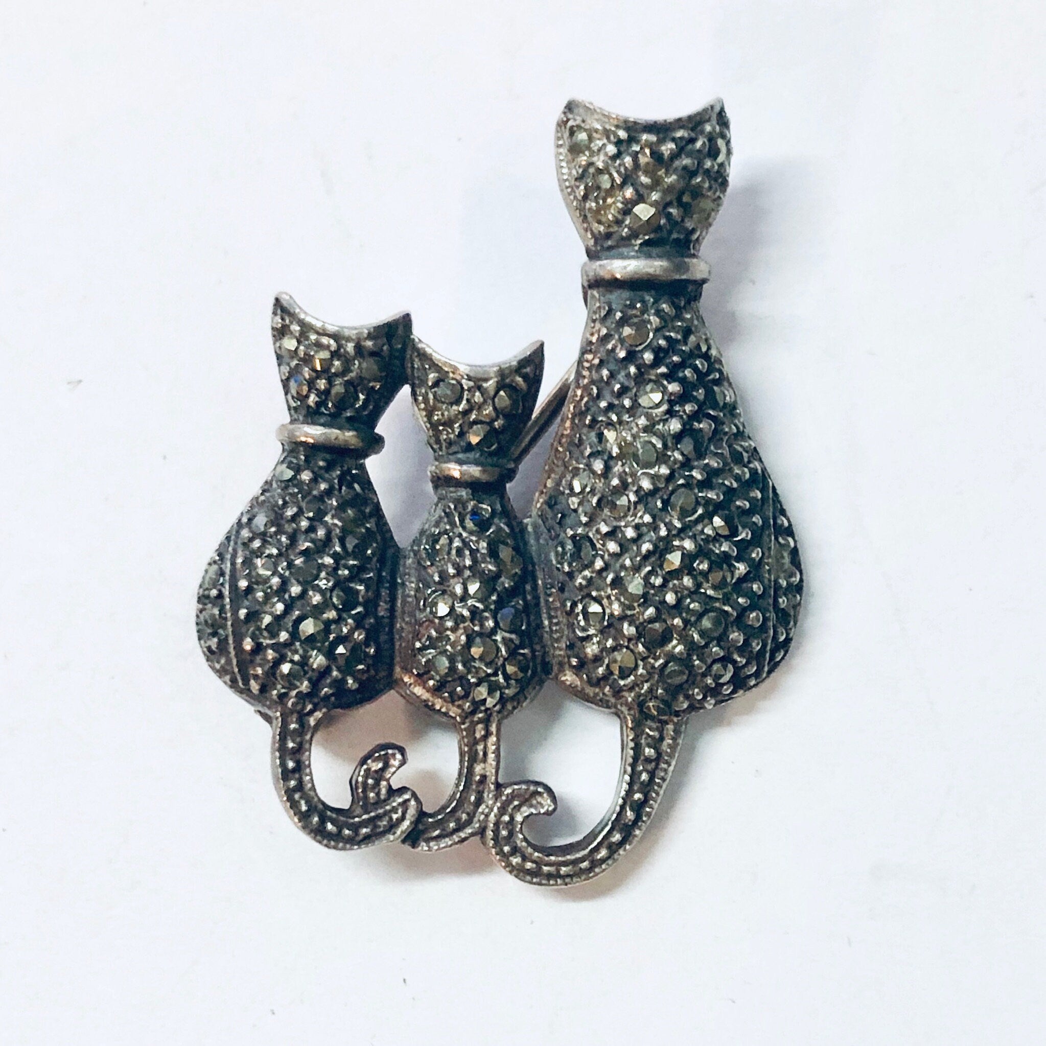 Vintage Brooch, Silver Brooch, Cat Pin, Cat Brooch, Three Cat Pin, Cat Lover Gift, Marcasite Brooch, Silver and Marcasite, Vintage Jewelry,