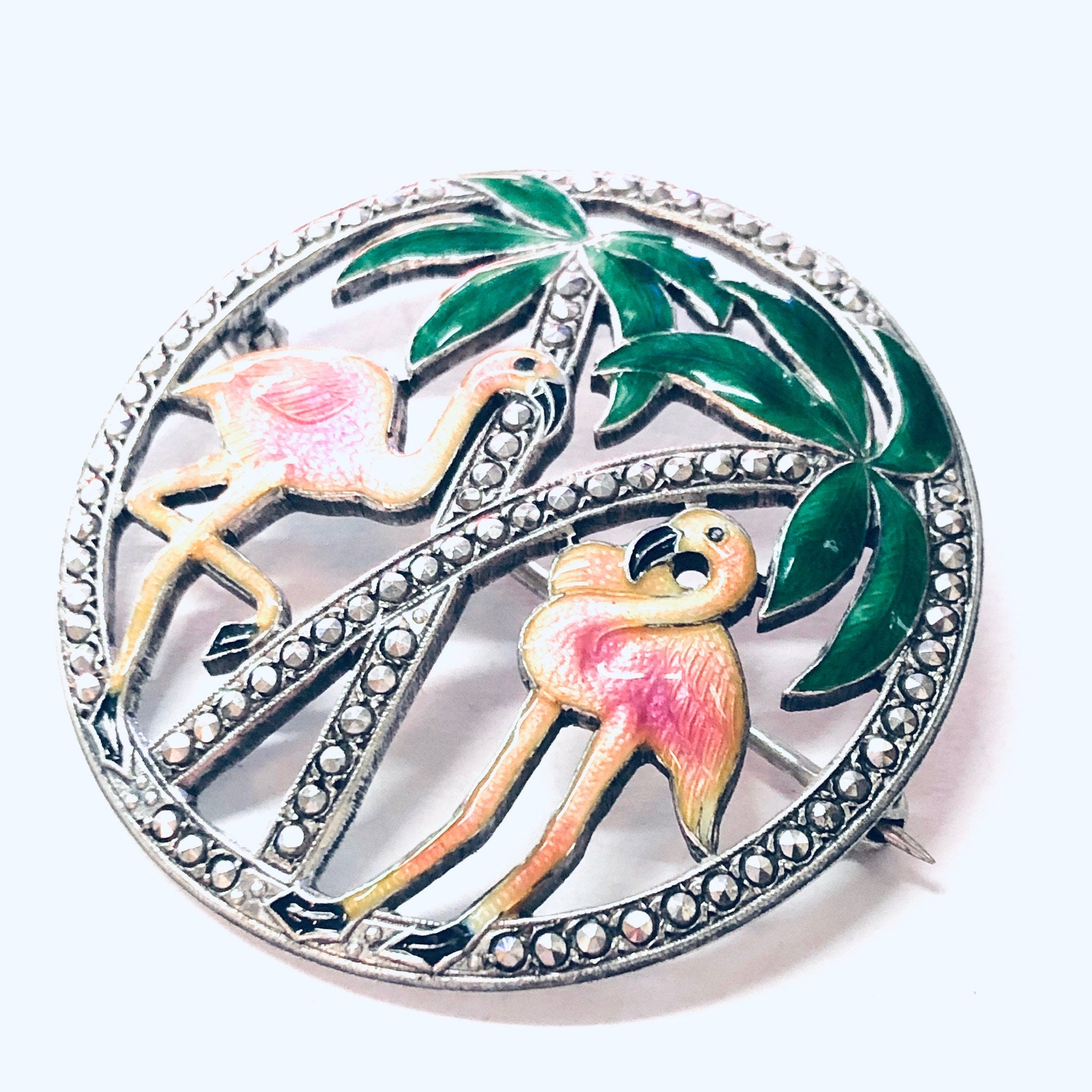 Vintage Brooch, Silver Brooch, Flamingo Brooch, Enamel Pin, Pink Flamingo, Palm Tree Pin, Marcasite Brooch, Unique Jewelry, Vintage Pin, 925