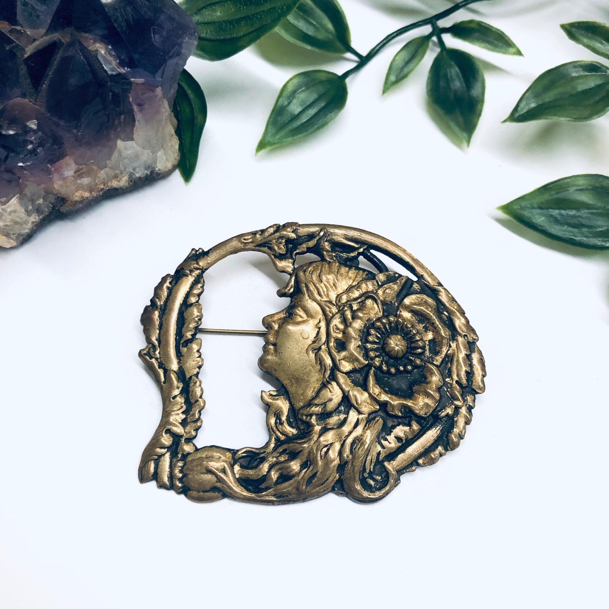 Vintage Brooch with Face, Victorian Style Brooch, Gold Toned Pin, Large Vintage Brooch, Face Brooch, Flower Pin