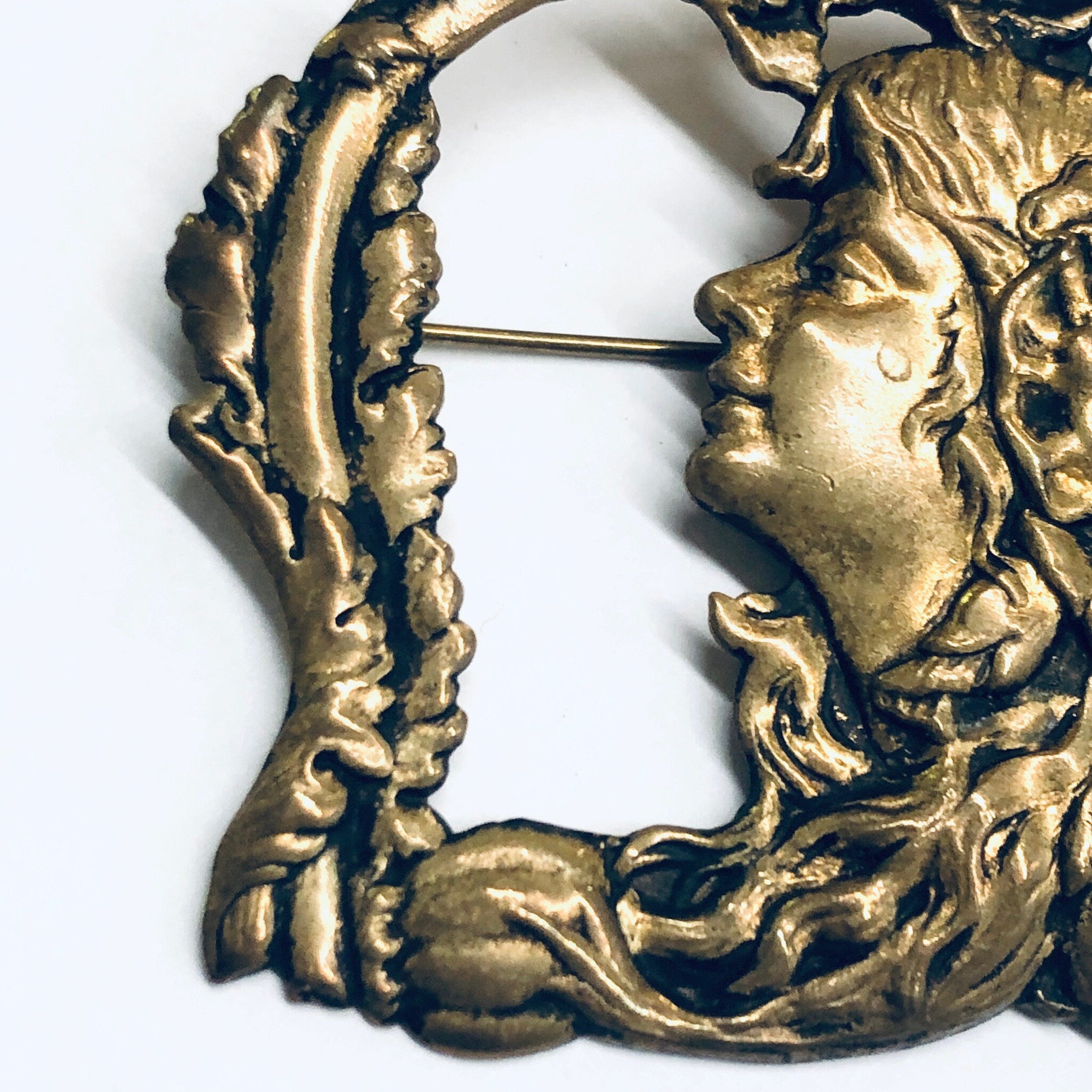 Vintage Brooch with Face, Victorian Style Brooch, Gold Toned Pin, Large Vintage Brooch, Face Brooch, Flower Pin
