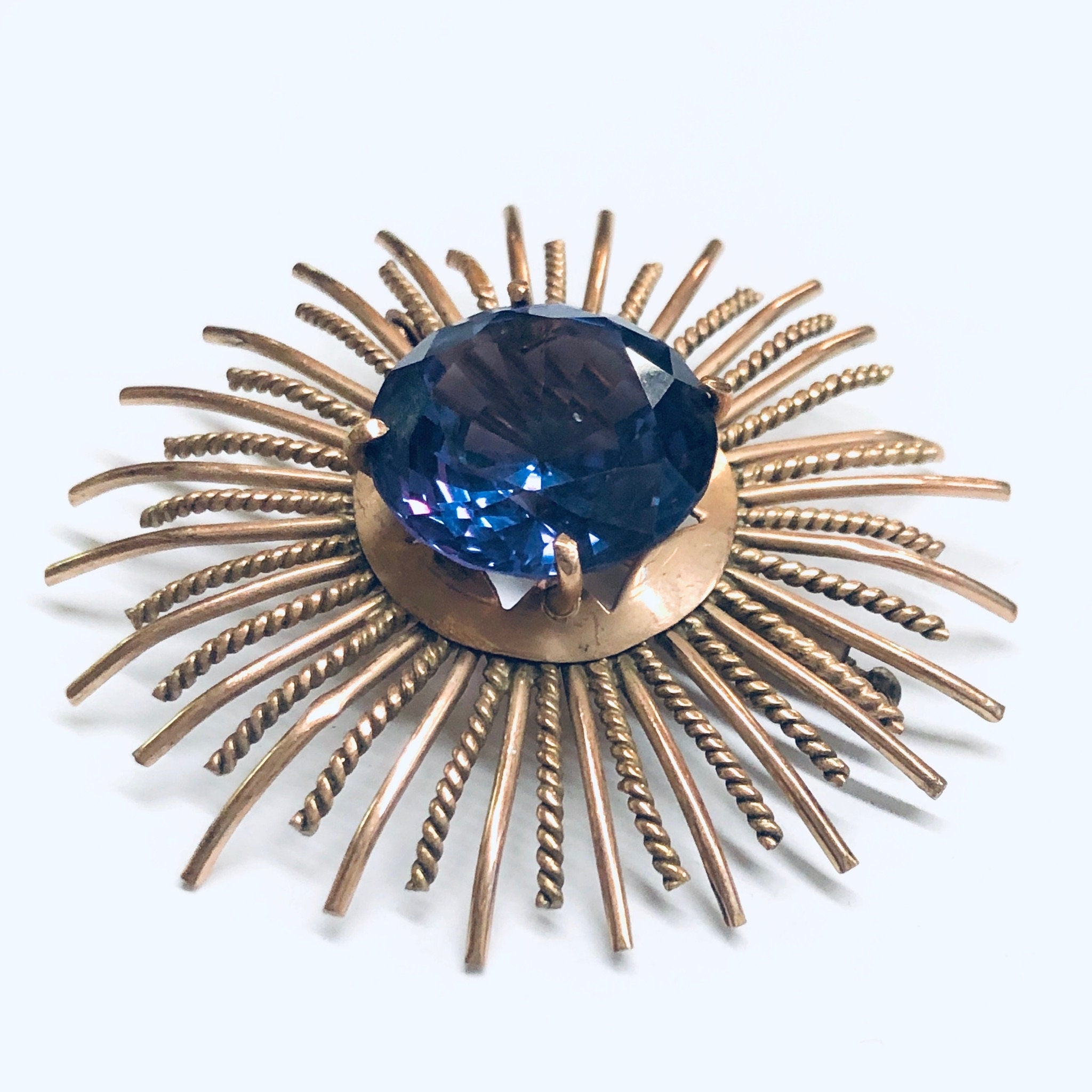Vintage Sunburst Brooch, Rose Gold Brooch, Alexandrite Jewelry, Round Vintage Pin, Purple and Blue Gemstone