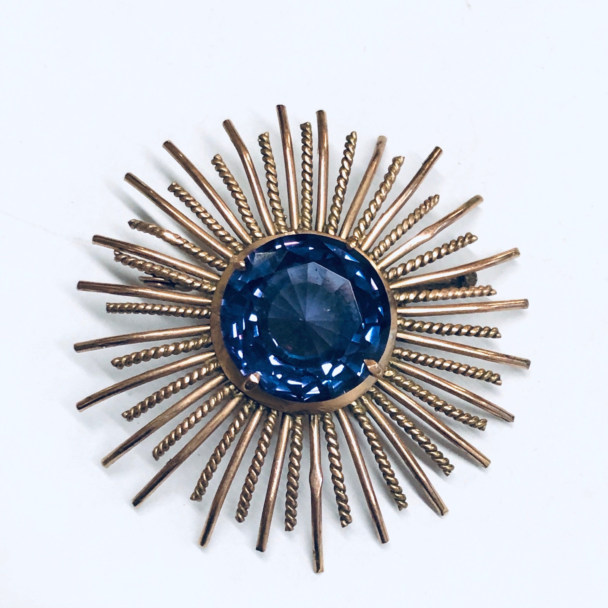 Vintage Sunburst Brooch, Rose Gold Brooch, Alexandrite Jewelry, Round Vintage Pin, Purple and Blue Gemstone