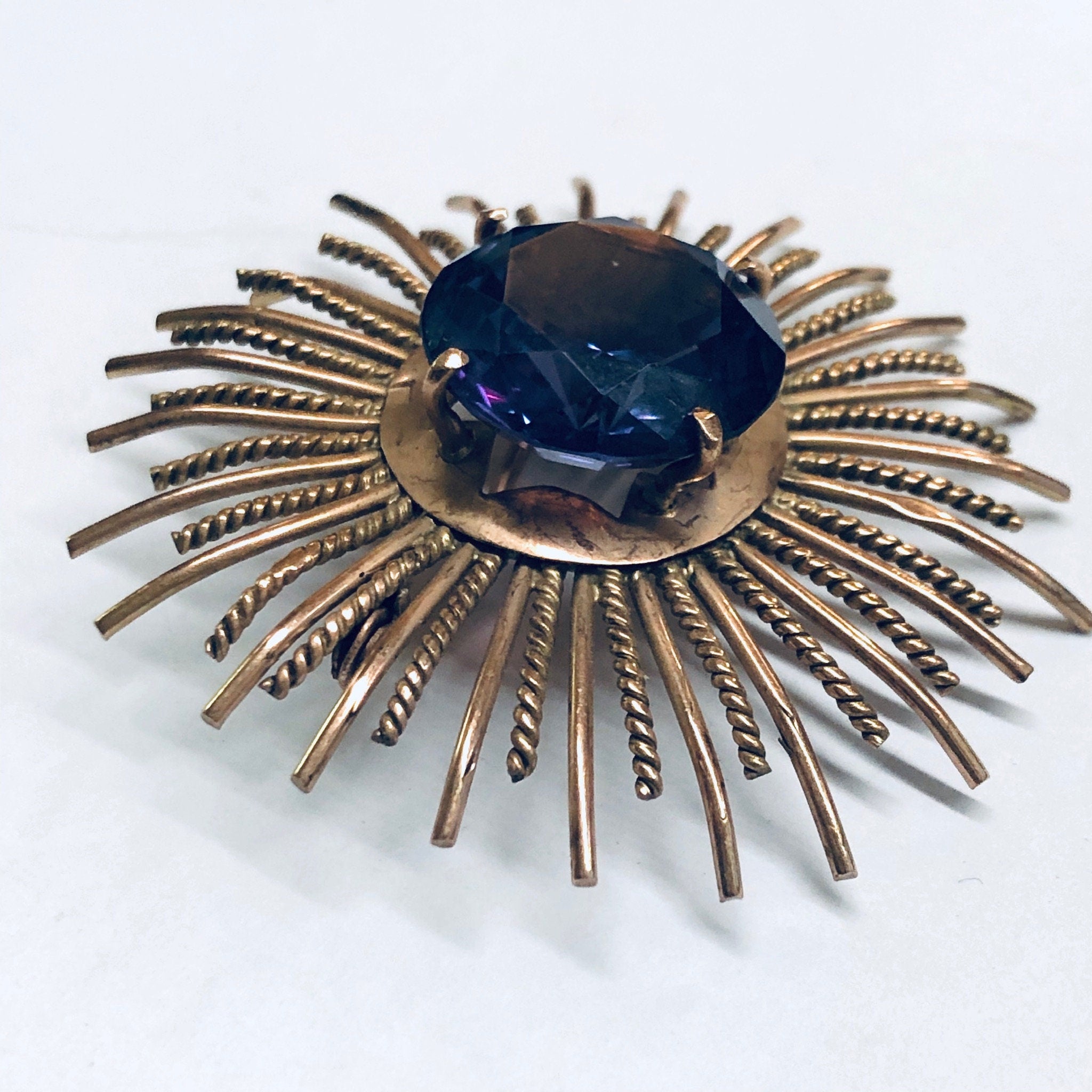 Vintage Sunburst Brooch, Rose Gold Brooch, Alexandrite Jewelry, Round Vintage Pin, Purple and Blue Gemstone