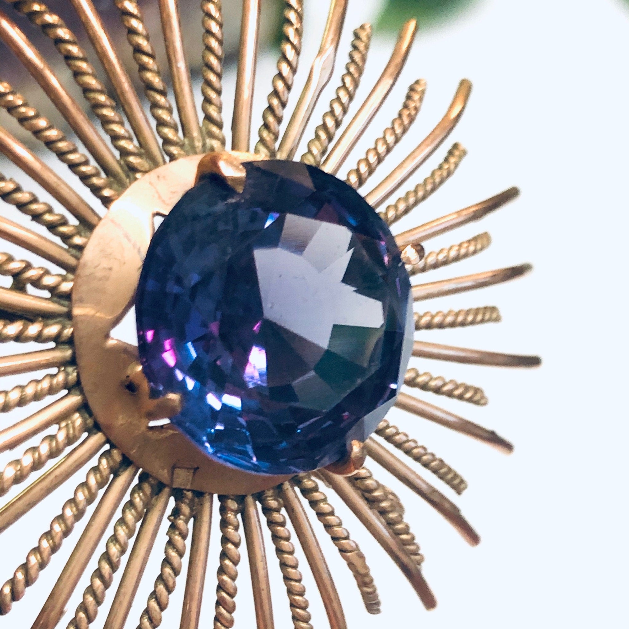 Vintage Sunburst Brooch, Rose Gold Brooch, Alexandrite Jewelry, Round Vintage Pin, Purple and Blue Gemstone