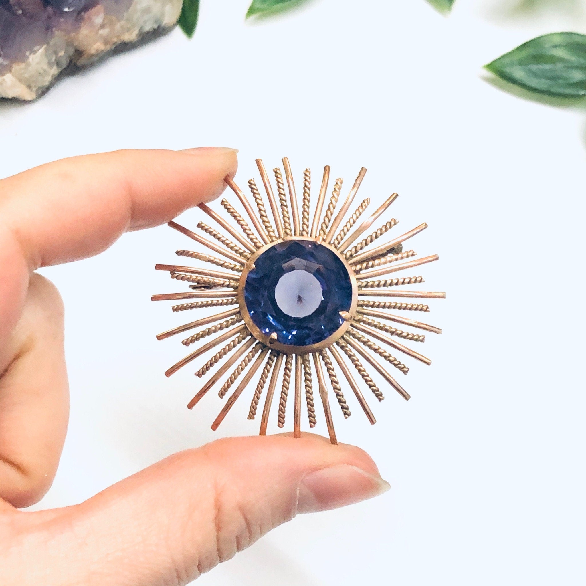 Vintage Sunburst Brooch, Rose Gold Brooch, Alexandrite Jewelry, Round Vintage Pin, Purple and Blue Gemstone