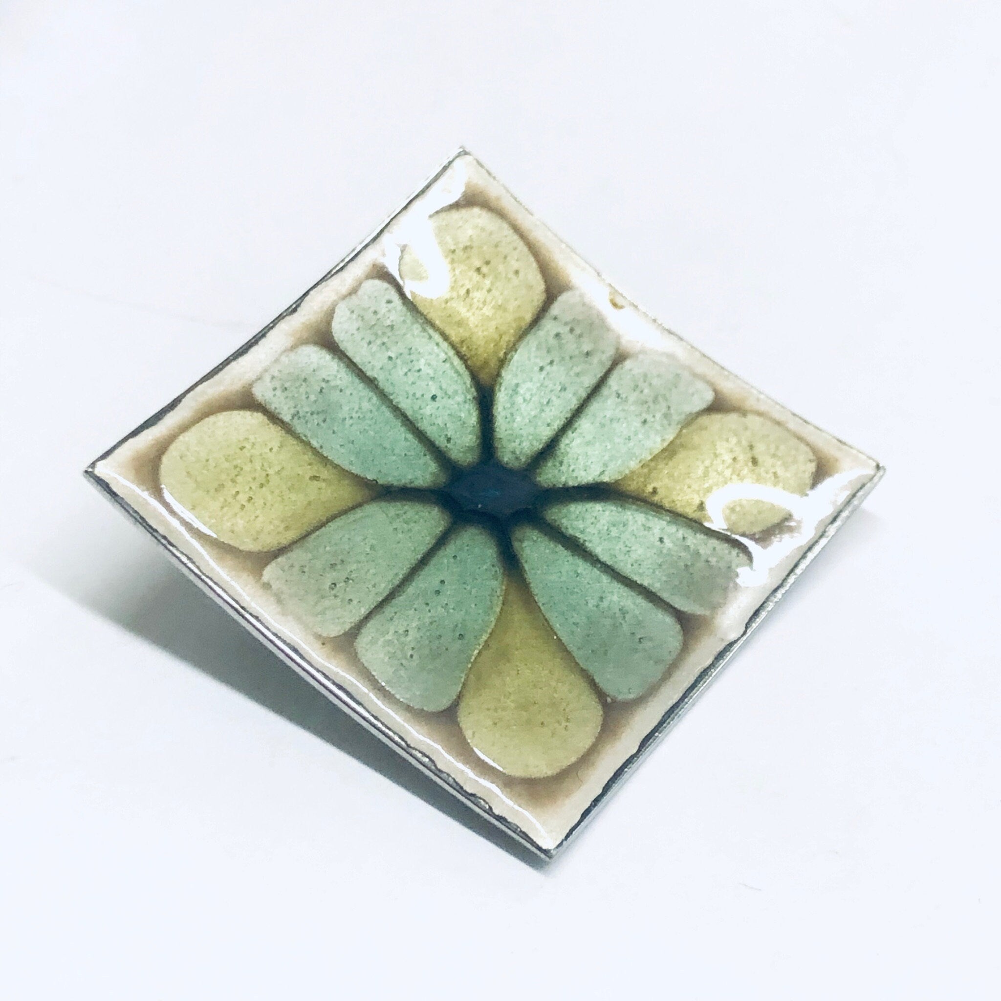Hogan Bolas Brooch, Modernist Pin, Floral Enamel Pin, Abstract Flower Pin, Green and Yellow Flower