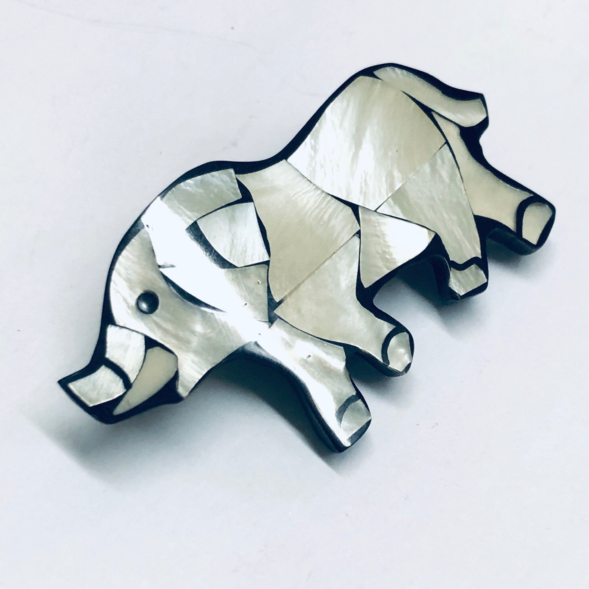 Mother of Pearl Elephant Brooch, Vintage Animal Jewelry, Mother of Pearl Inlay Jewelry, Vintage Rhino Pin