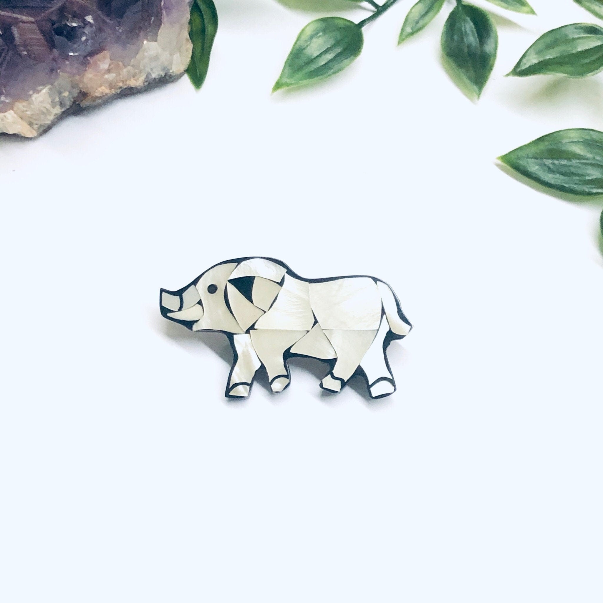 Mother of Pearl Elephant Brooch, Vintage Animal Jewelry, Mother of Pearl Inlay Jewelry, Vintage Rhino Pin