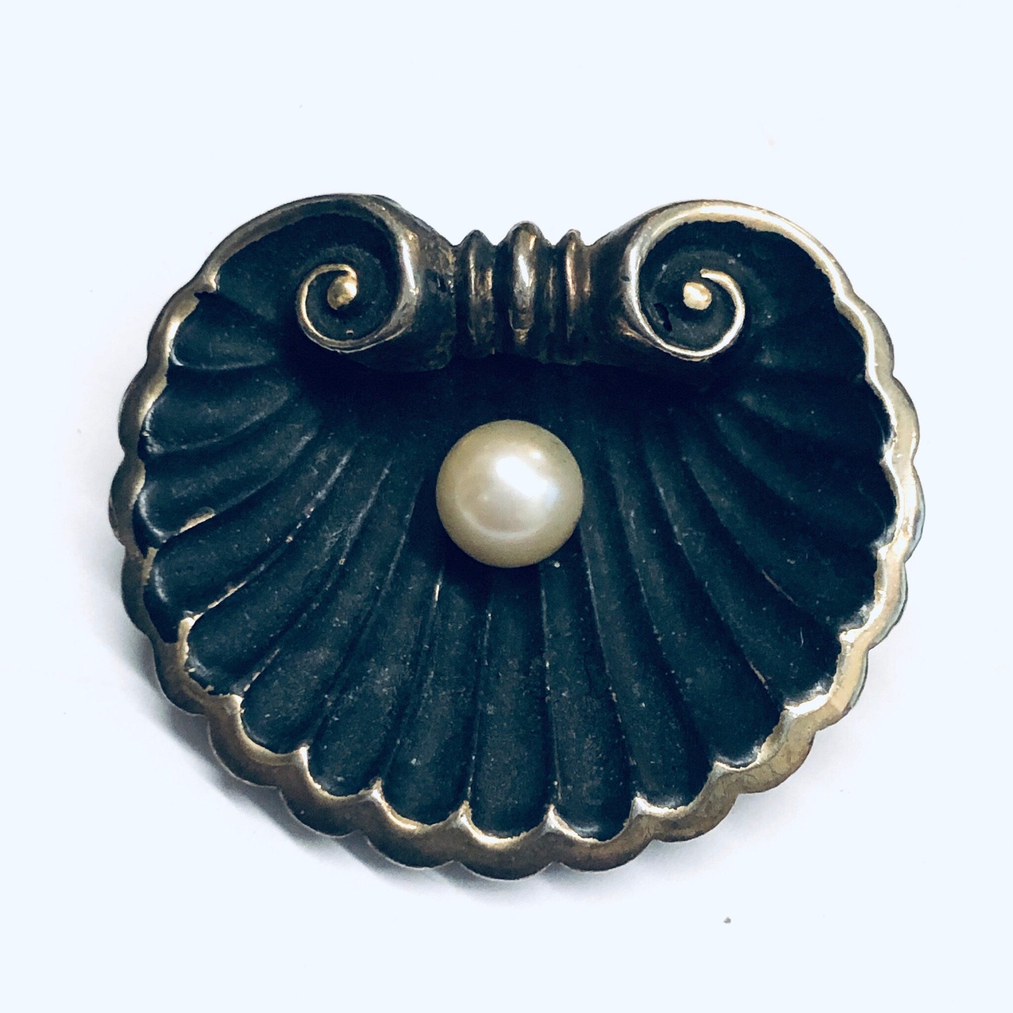 Karen Lynne Sterling Brooch, Karen Lynne Shell Brooch, Art Nouveau Pin, Seashell Brooch, Gold Wash Pin, Pearl Brooch, Matte Black Pin,