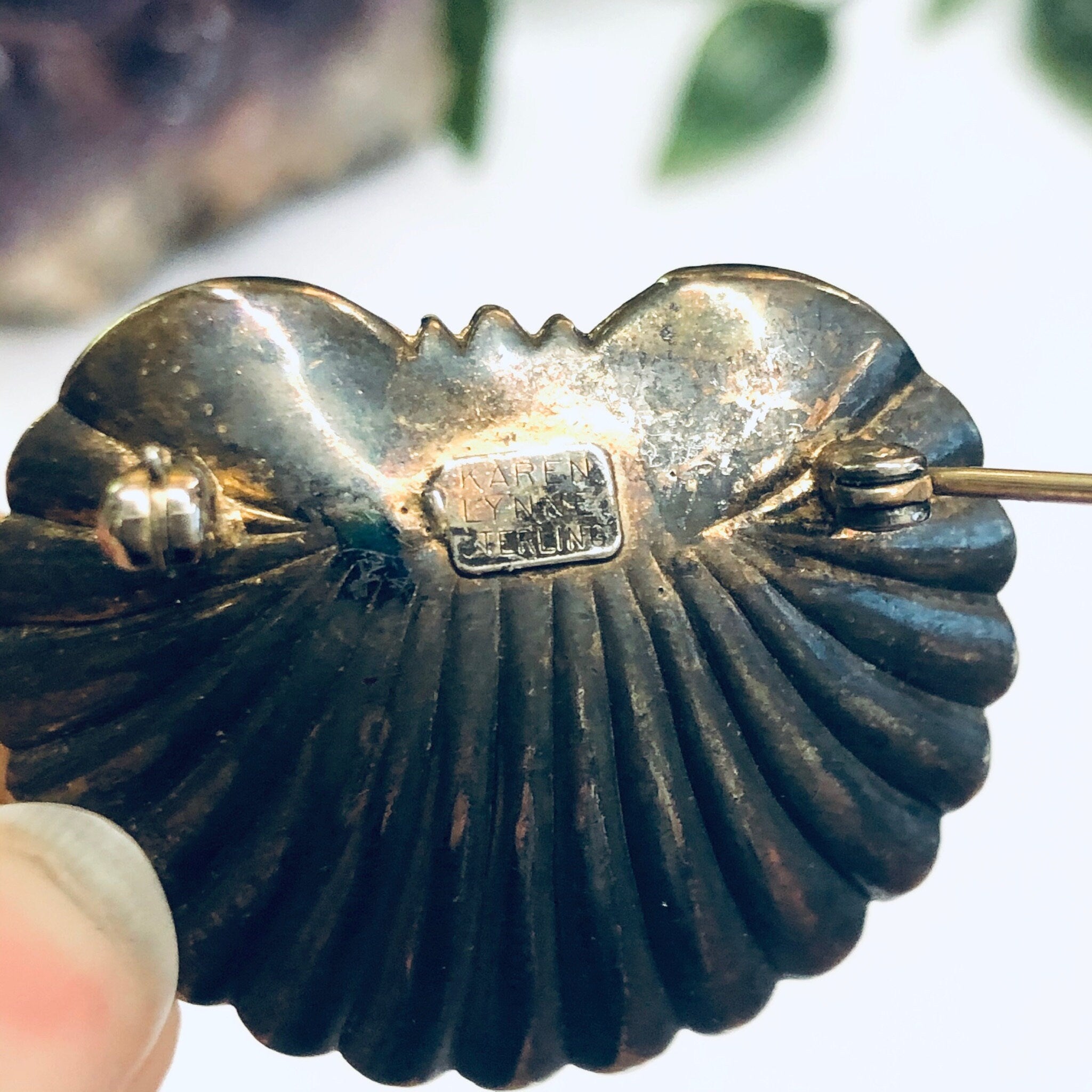 Karen Lynne Sterling Brooch, Karen Lynne Shell Brooch, Art Nouveau Pin, Seashell Brooch, Gold Wash Pin, Pearl Brooch, Matte Black Pin,
