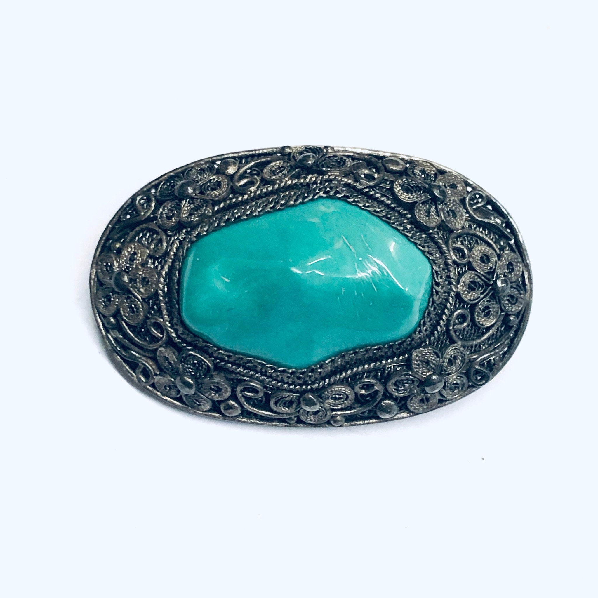 Vintage Floral Design Brooch, Green Stone Brooch, Turquoise Stone Pin, Silver Flower Pin