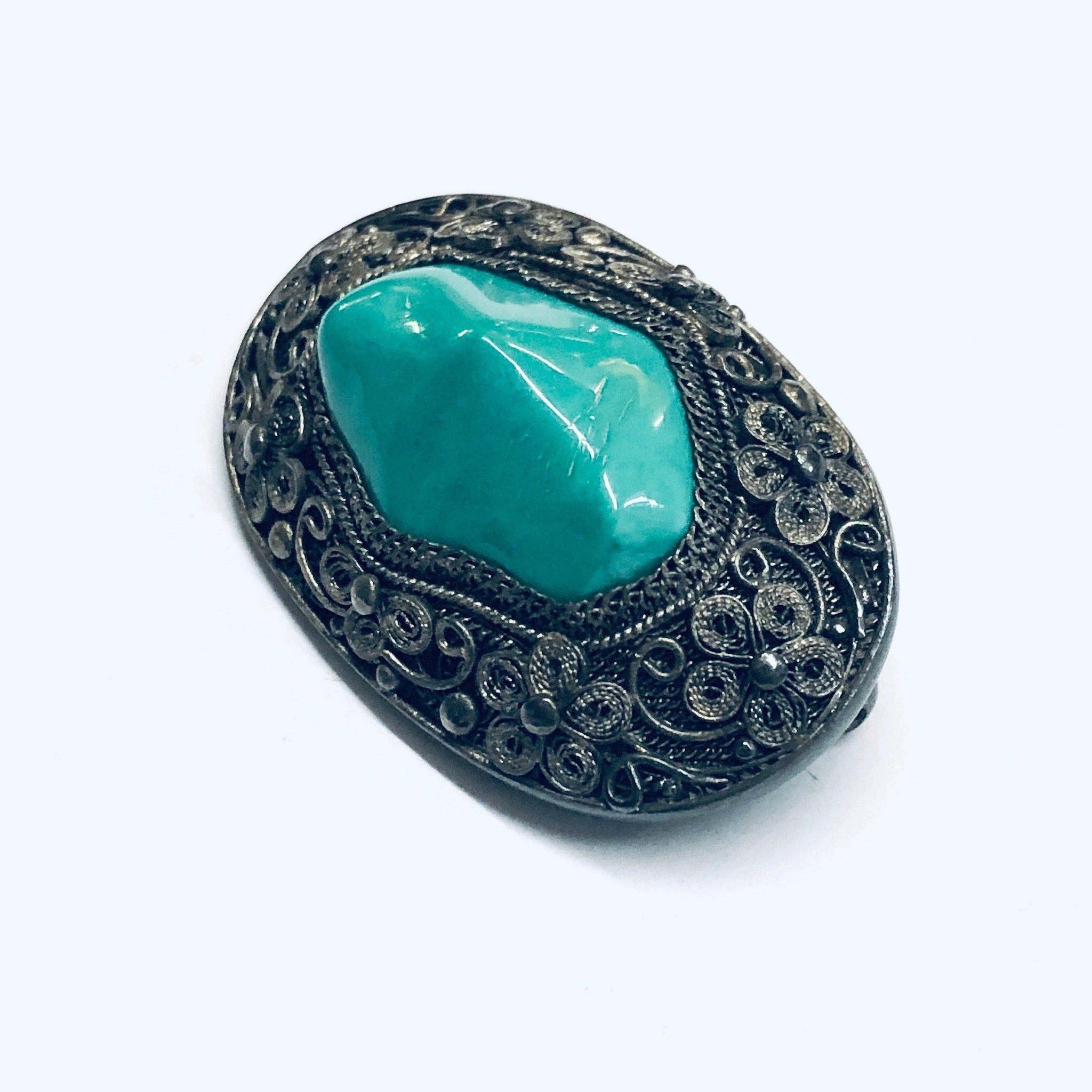 Vintage Floral Design Brooch, Green Stone Brooch, Turquoise Stone Pin, Silver Flower Pin