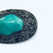 Vintage Floral Design Brooch, Green Stone Brooch, Turquoise Stone Pin, Silver Flower Pin