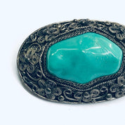 Vintage Floral Design Brooch, Green Stone Brooch, Turquoise Stone Pin, Silver Flower Pin