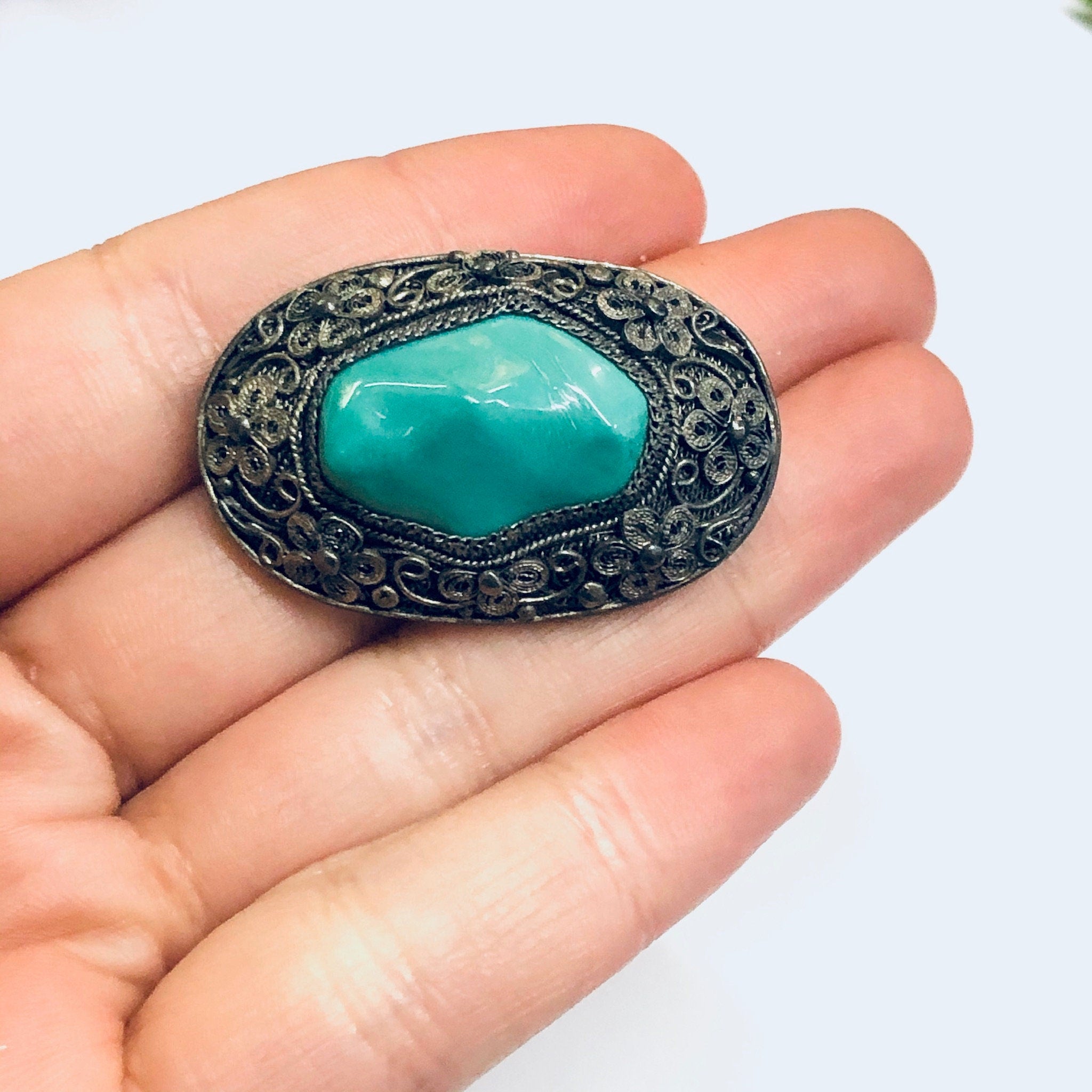 Vintage Floral Design Brooch, Green Stone Brooch, Turquoise Stone Pin, Silver Flower Pin