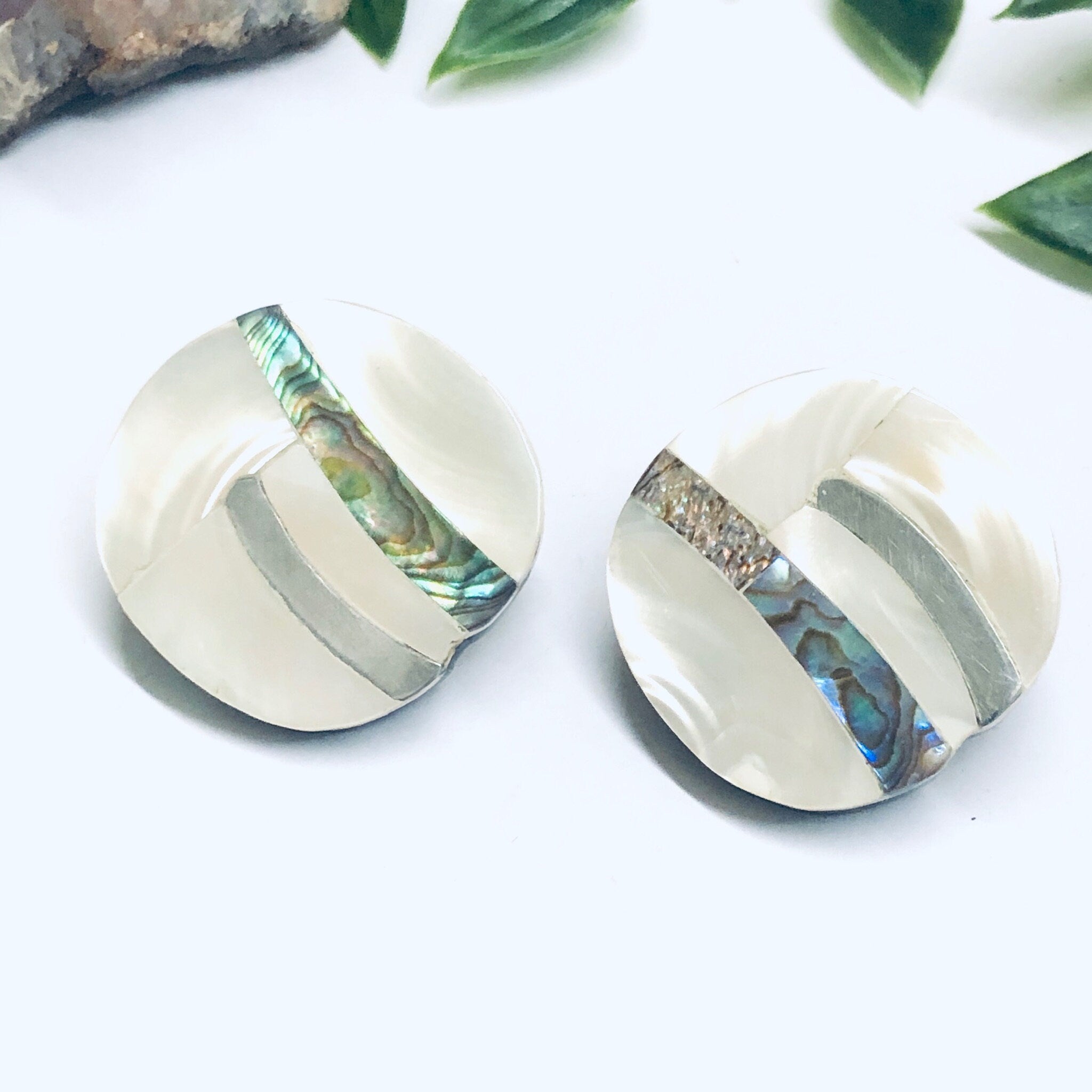 Abalone Clip On Earrings, Shell Earrings, Vintage Shell Jewelry, Mother of Pearl Earrings, Abstract Jewelry