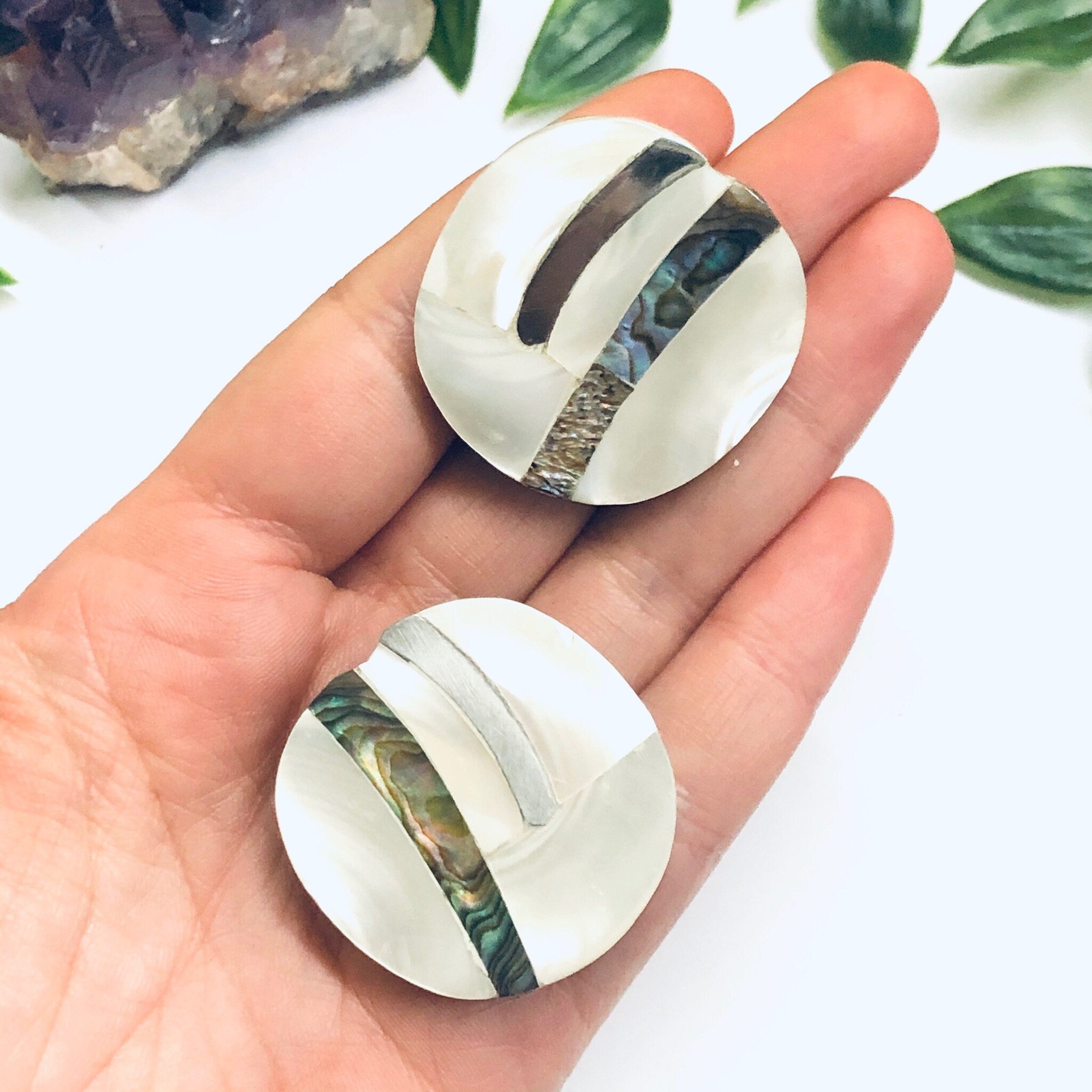 Abalone Clip On Earrings, Shell Earrings, Vintage Shell Jewelry, Mother of Pearl Earrings, Abstract Jewelry