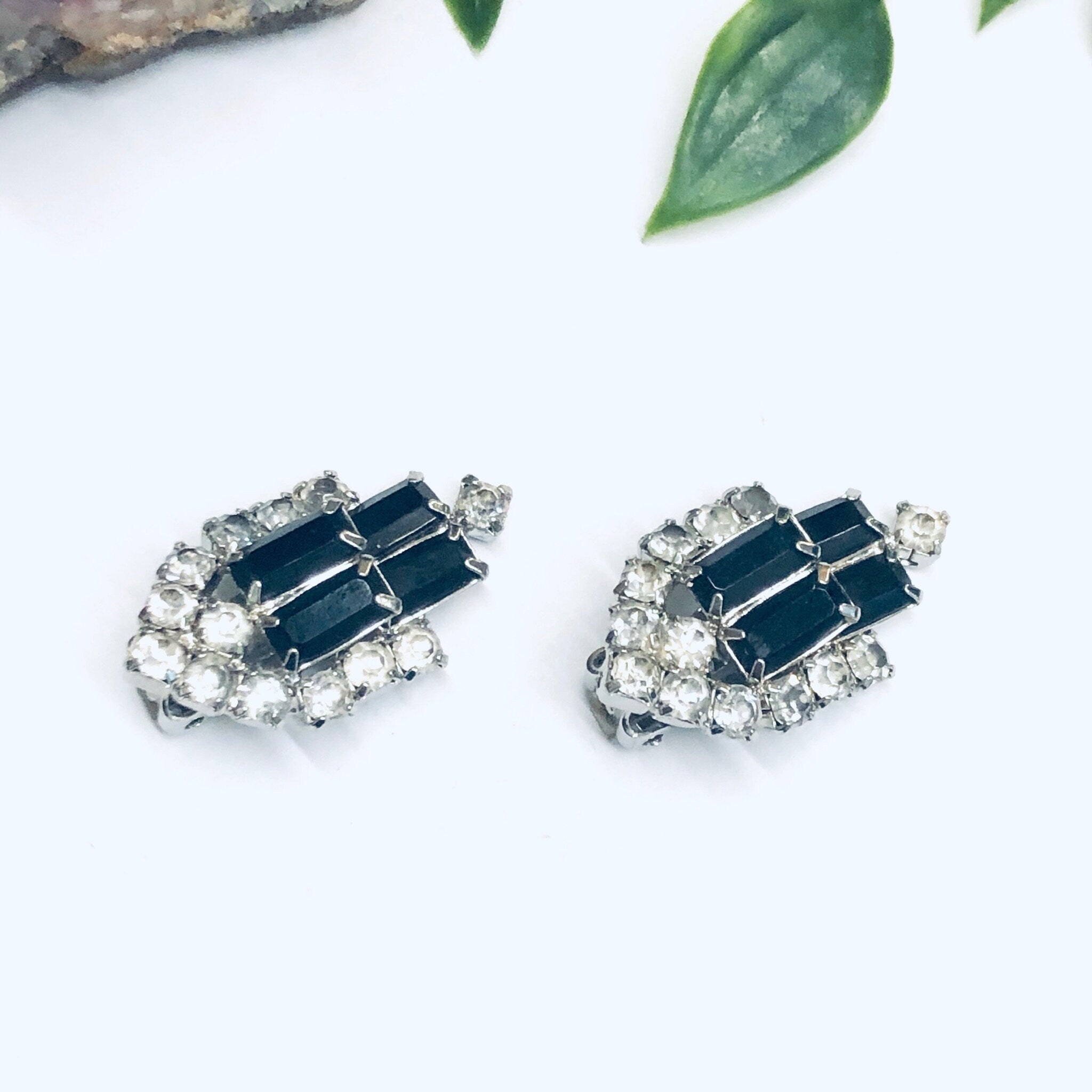 Rhinestone Clip On Earrings, Black Rhinestone Earrings, Retro Earrings, Black and Silver Earrings