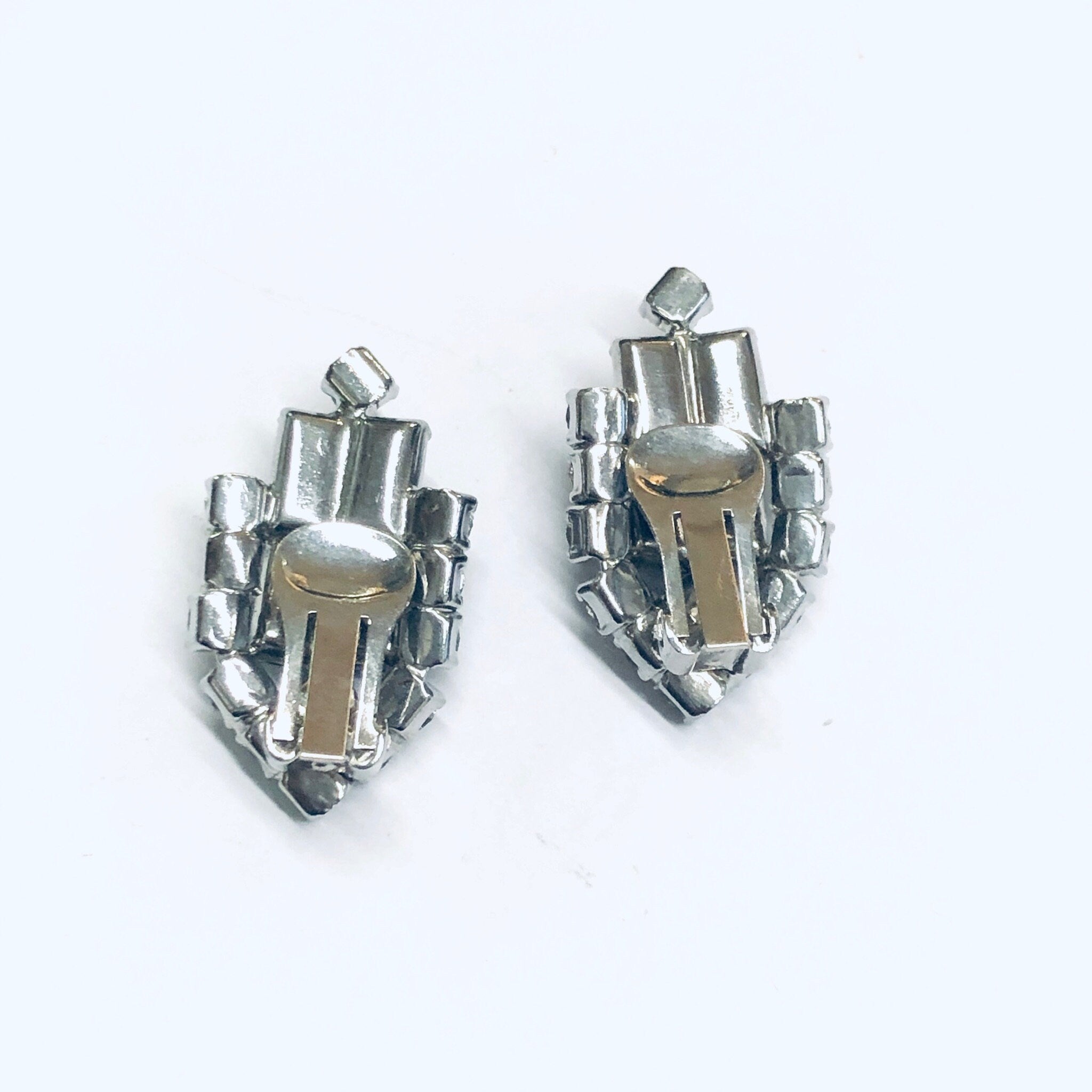 Rhinestone Clip On Earrings, Black Rhinestone Earrings, Retro Earrings, Black and Silver Earrings