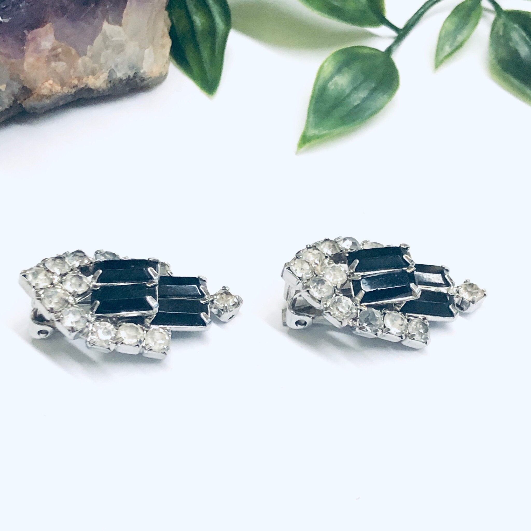 Rhinestone Clip On Earrings, Black Rhinestone Earrings, Retro Earrings, Black and Silver Earrings