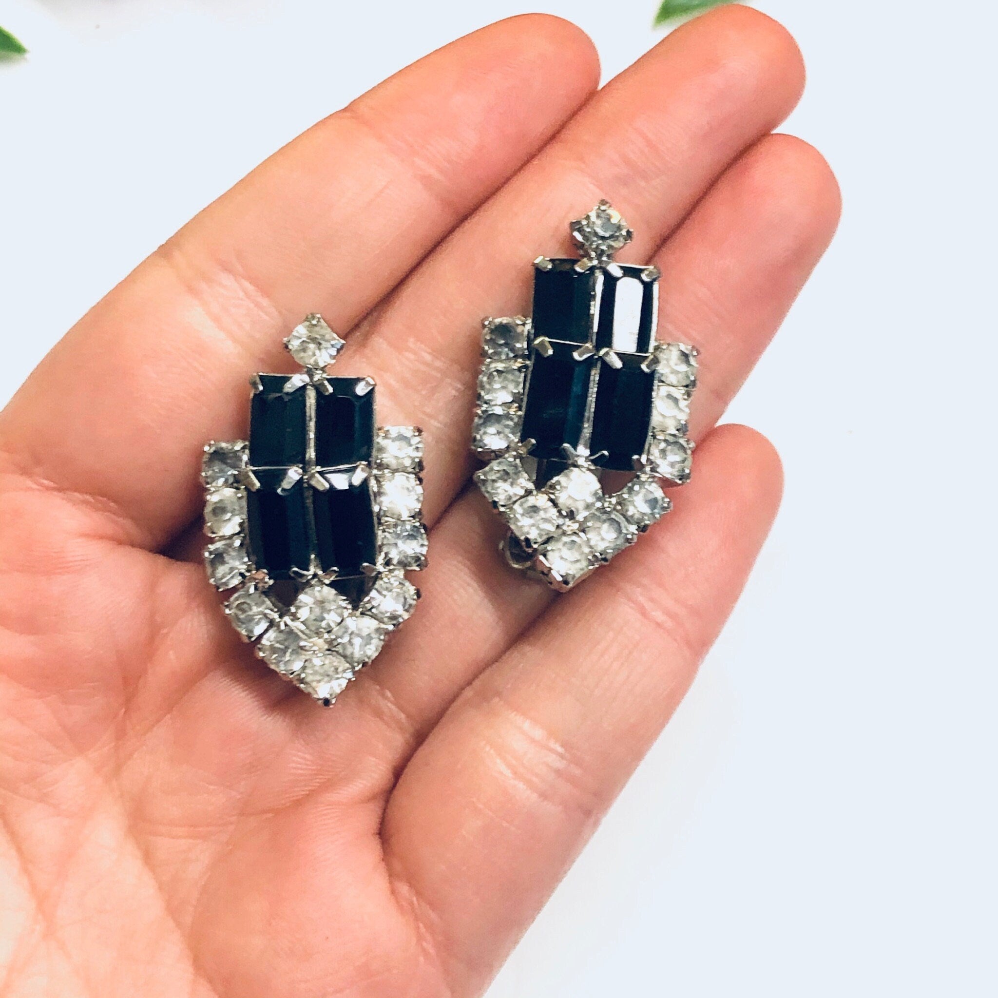 Rhinestone Clip On Earrings, Black Rhinestone Earrings, Retro Earrings, Black and Silver Earrings