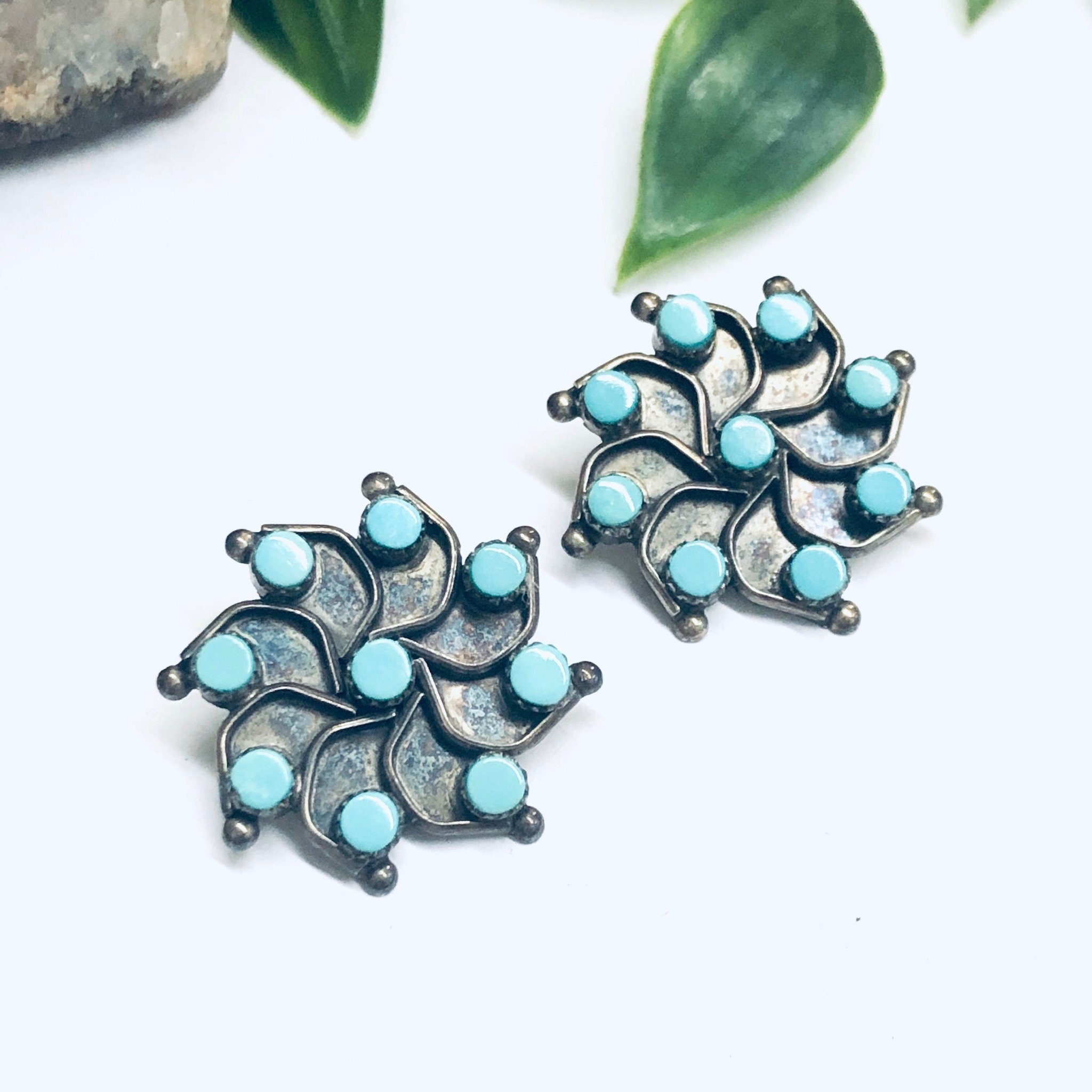 Turquoise Clip On Earrings, Star Shaped Earrings, Silver and Turquoise Earrings, Vintage Clip Ons