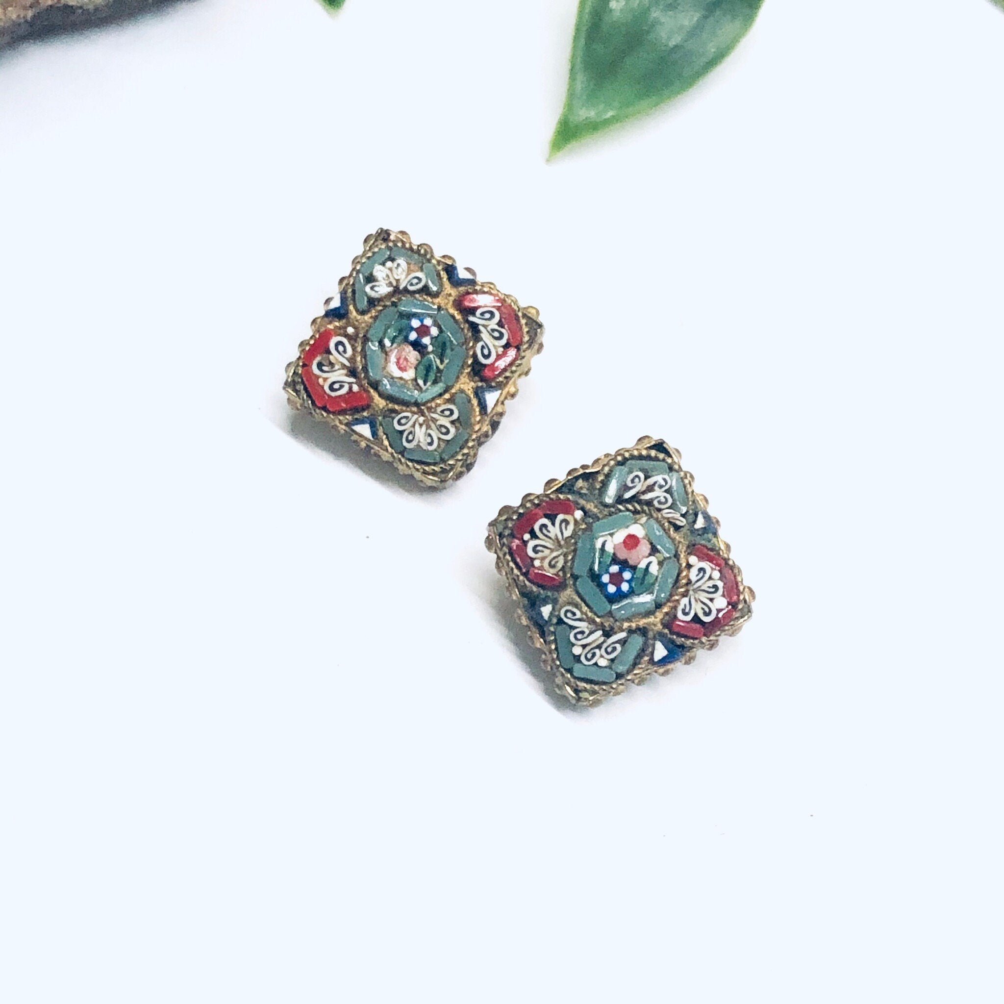 Millefiori Clip On Earrings, Mosaic Earrings, Gold Toned Earrings, Floral Design Jewelry, Red and Green Earrings