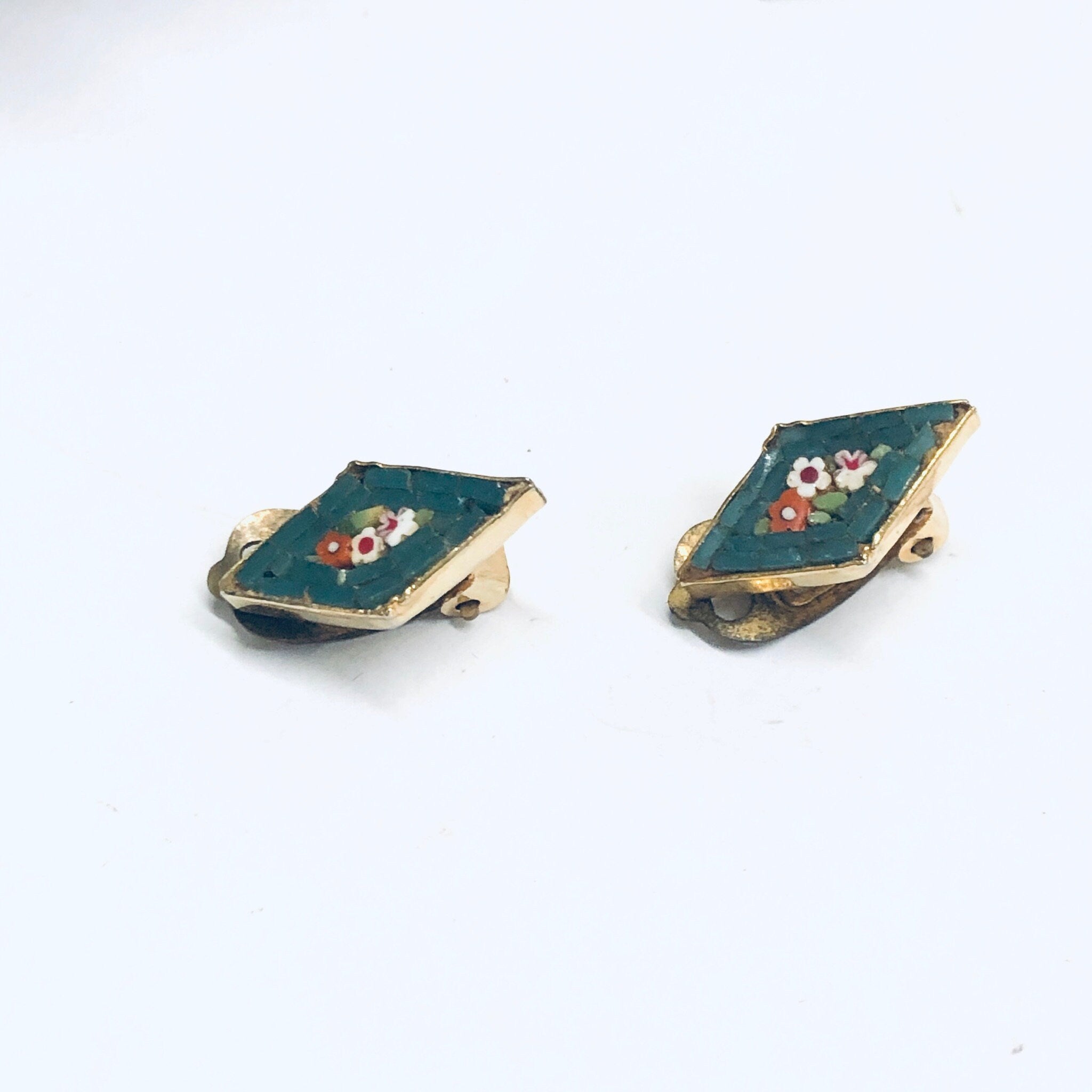 Millefiori Clip On Earrings, Floral Millefiori Jewelry, Green Mosaic Earrings, Vintage Flower Earrings