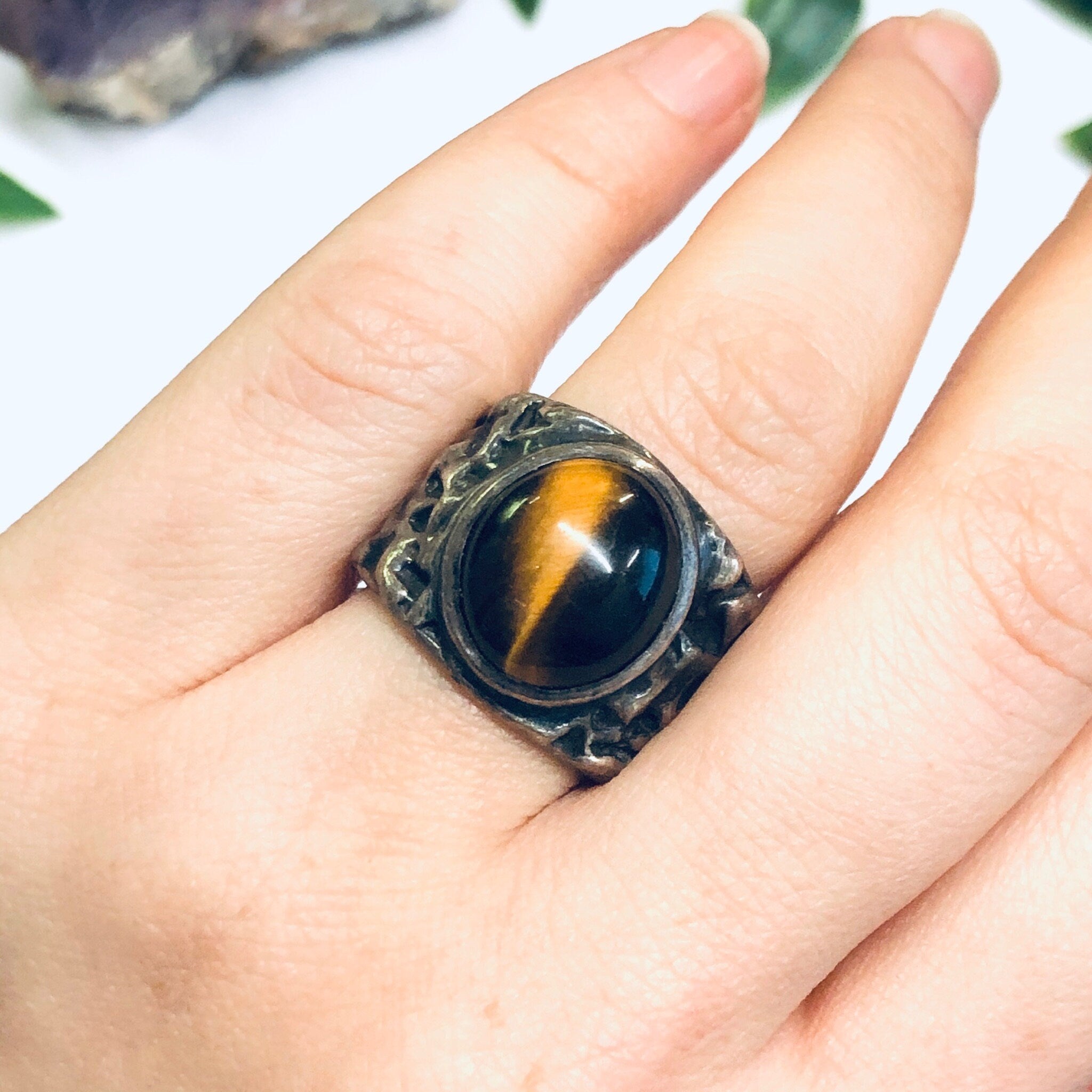Vintage Tigers Eye Ring, Tigers Eye Jewelry, Thick Band Ring, Brown Gemstone Ring, Gemini Birthstone Ring