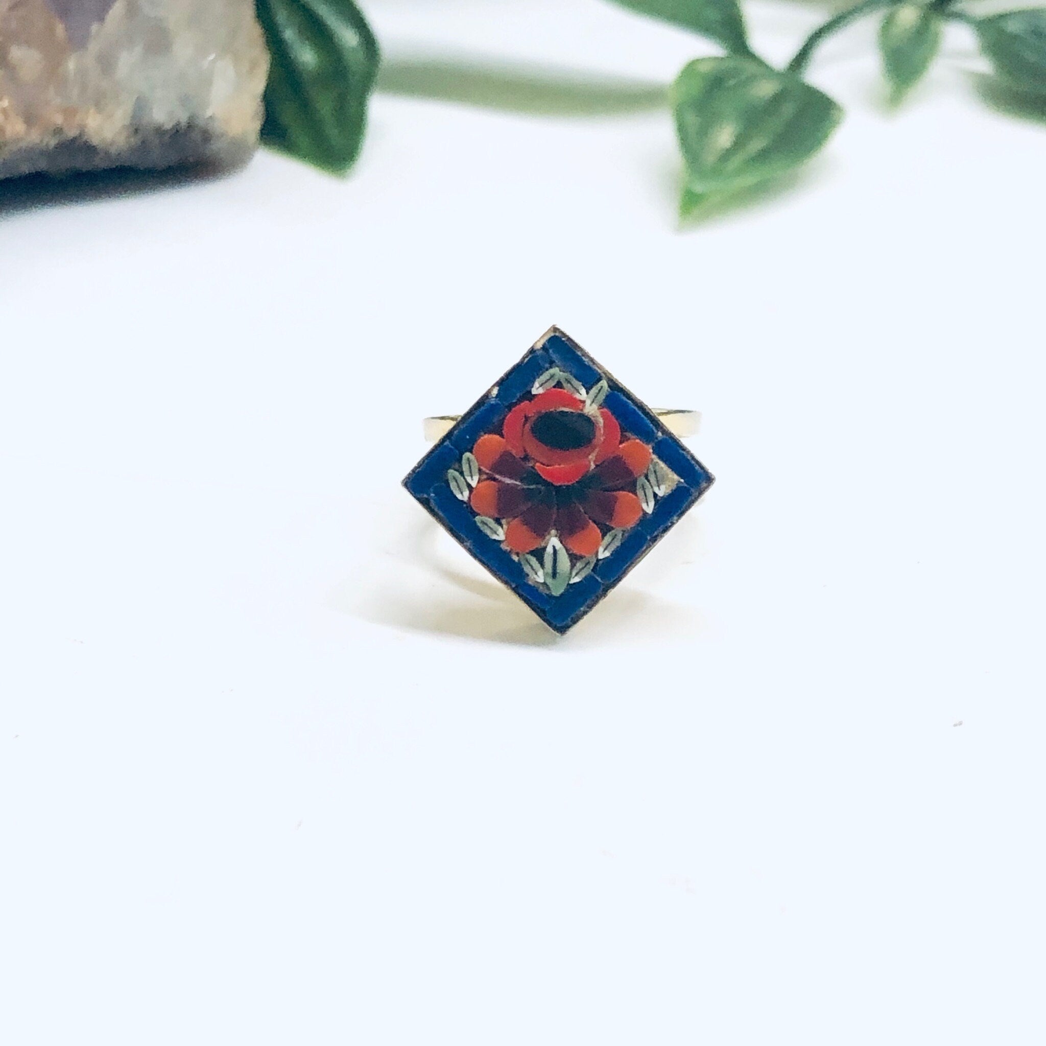 Millefiori Ring, Mosaic Ring, Gold Toned Ring, Flower Jewelry, Floral Design Ring, Red Flower Ring, Made in Italy, Adjustable Ring