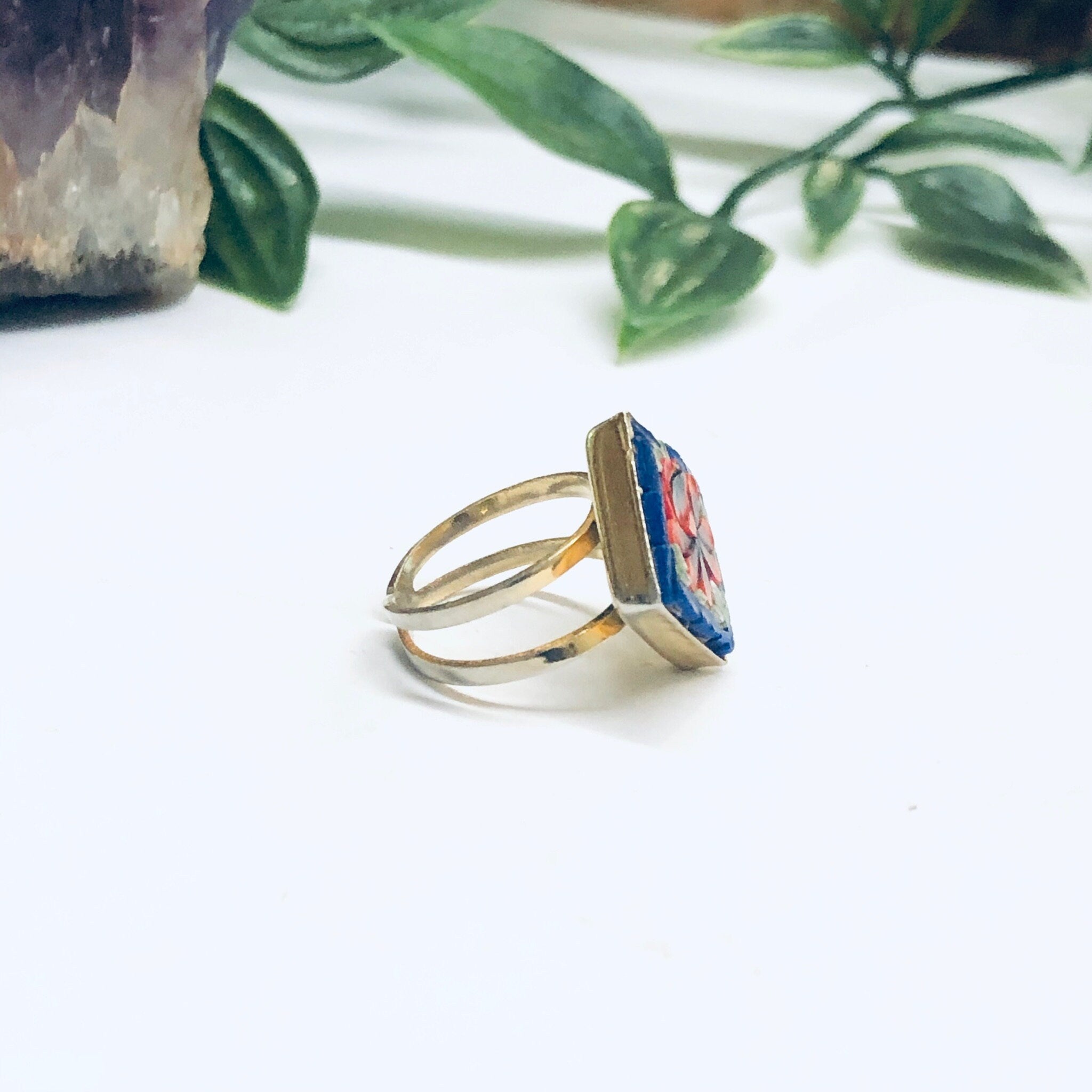 Millefiori Ring, Mosaic Ring, Gold Toned Ring, Flower Jewelry, Floral Design Ring, Red Flower Ring, Made in Italy, Adjustable Ring