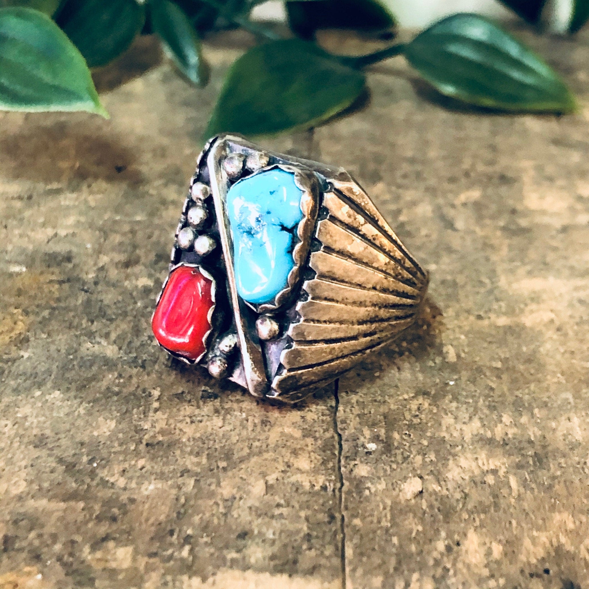 Vintage Ring, Silver Ring, Turquoise Jewelry, Coral Ring, Vintage Jewelry, Unique Ring, Large Ring, Red and Blue, Statement Ring, 925 Ring