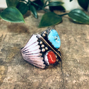 Vintage Ring, Silver Ring, Turquoise Jewelry, Coral Ring, Vintage Jewelry, Unique Ring, Large Ring, Red and Blue, Statement Ring, 925 Ring