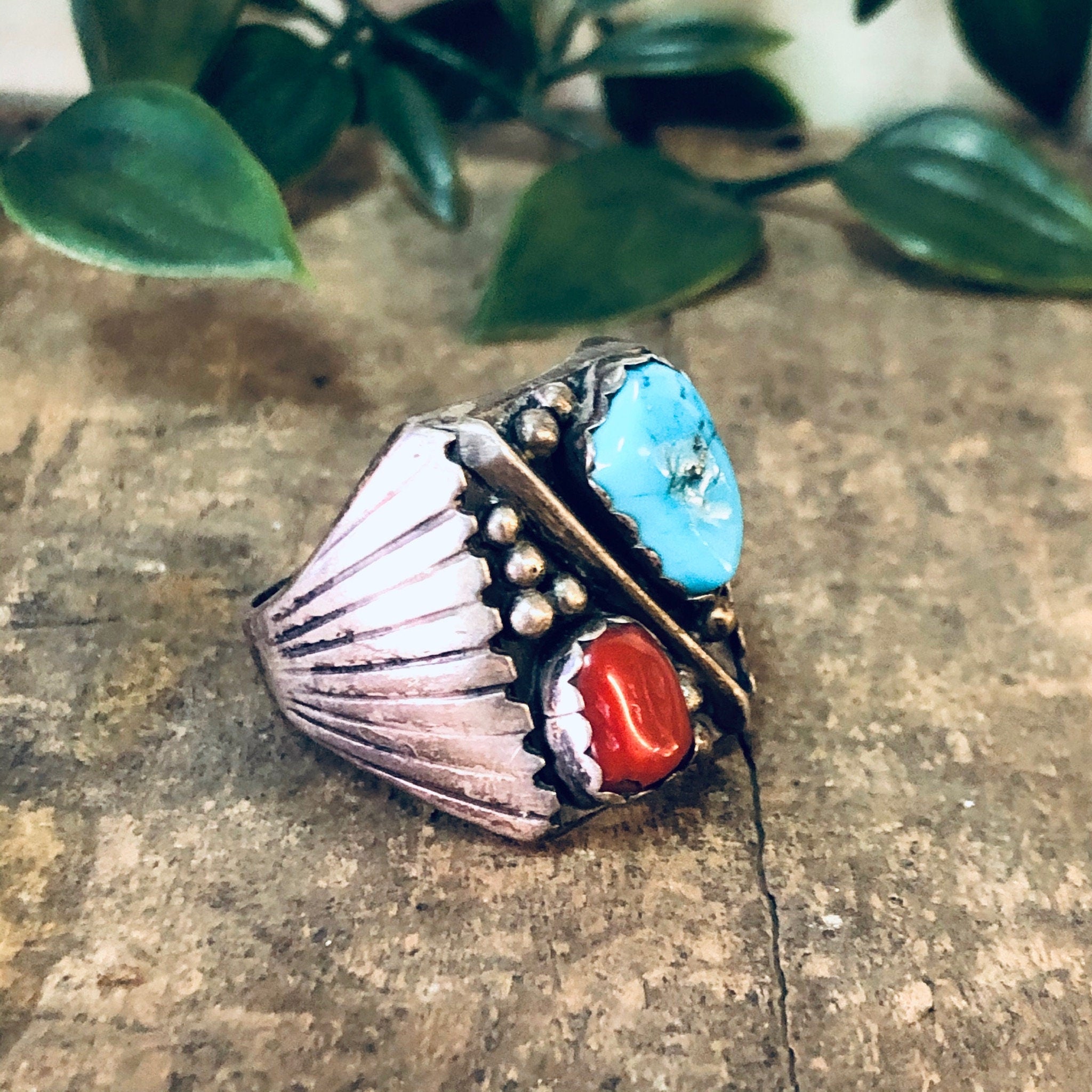 Vintage Ring, Silver Ring, Turquoise Jewelry, Coral Ring, Vintage Jewelry, Unique Ring, Large Ring, Red and Blue, Statement Ring, 925 Ring