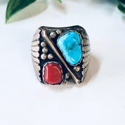 Vintage Ring, Silver Ring, Turquoise Jewelry, Coral Ring, Vintage Jewelry, Unique Ring, Large Ring, Red and Blue, Statement Ring, 925 Ring