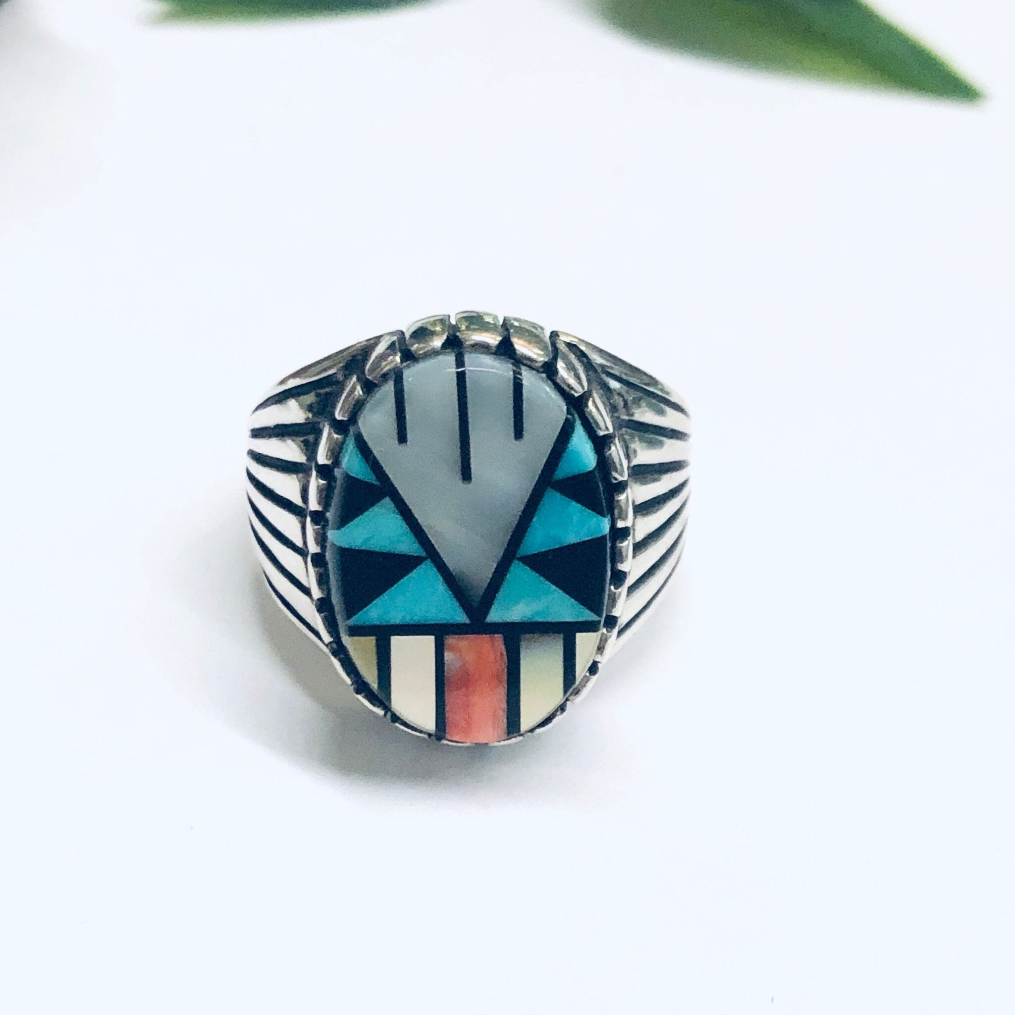 Southwestern Silver Ring with Inlaid Stones, Silver Turquoise Ring, Mother of Pearl Jewelry, Vintage Turquoise Jewelry, Signed Silver Ring